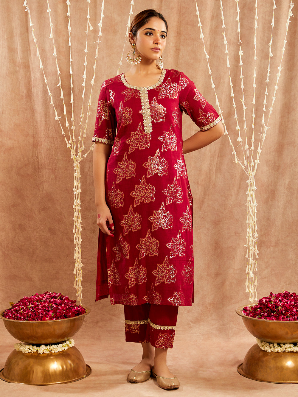 Maroon Lace work Cotton Lurex Suit - Set of 3