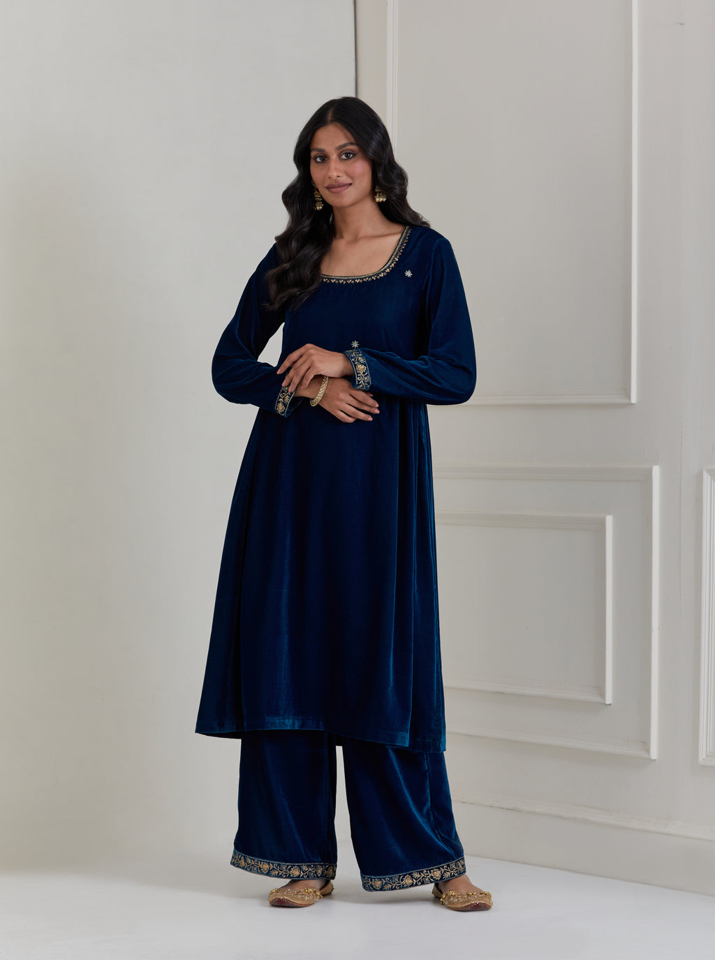 Blue Embroidered Velvet Anarkali Suit - Set of 3