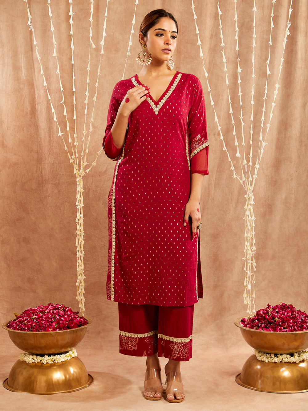 Maroon Lace work Cotton Lurex Suit - Set of 3