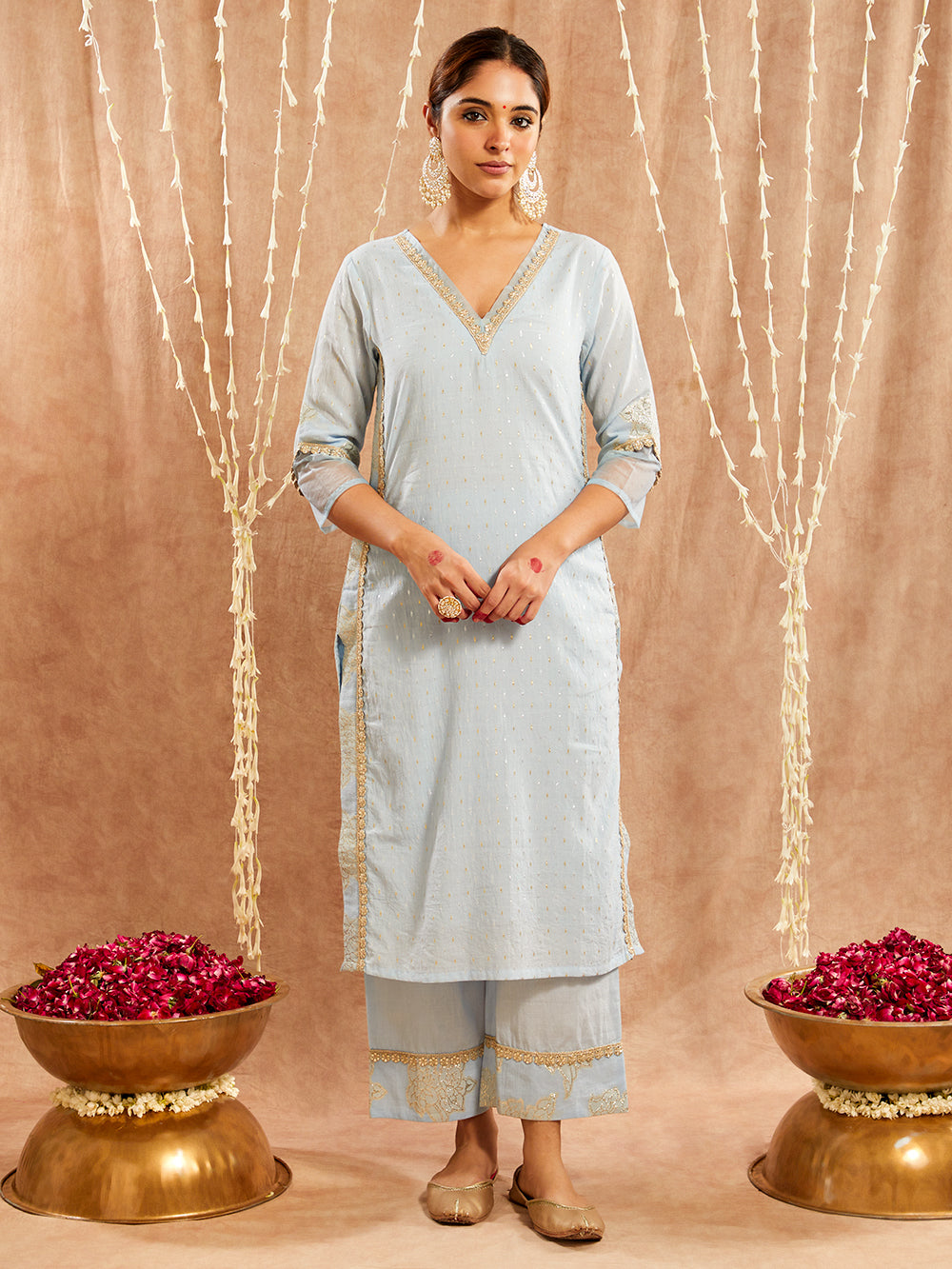 Blue Lace work Cotton Lurex Suit - Set of 3