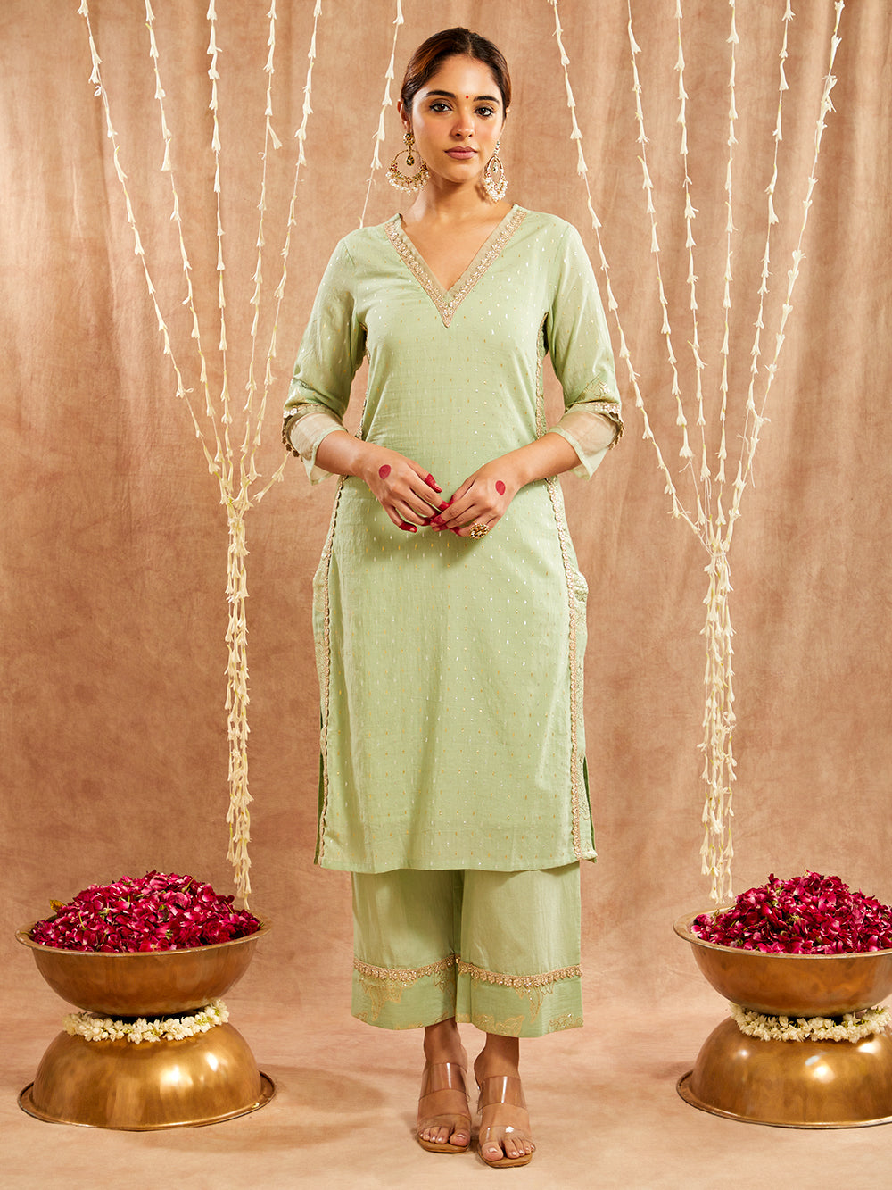 Green Lace work Cotton Lurex Suit - Set of 3