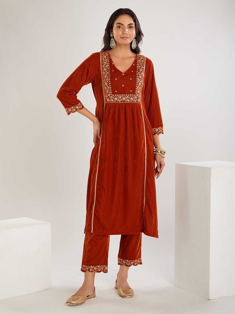 Rust Embroidered Velvet Suit- Set of 3