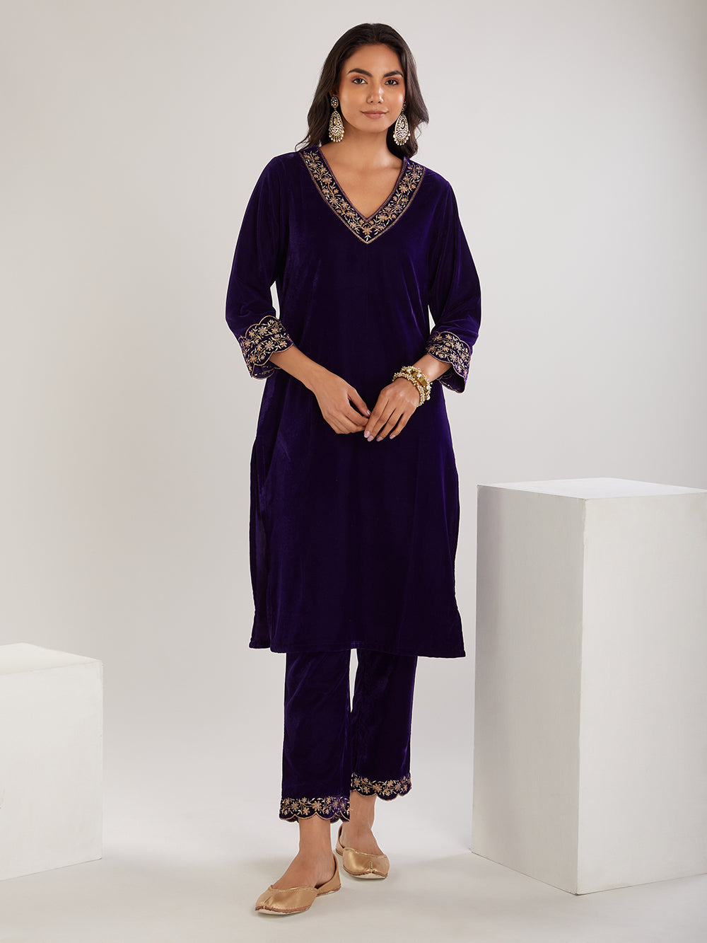 Purple Embroidered Velvet Suit- Set of  3