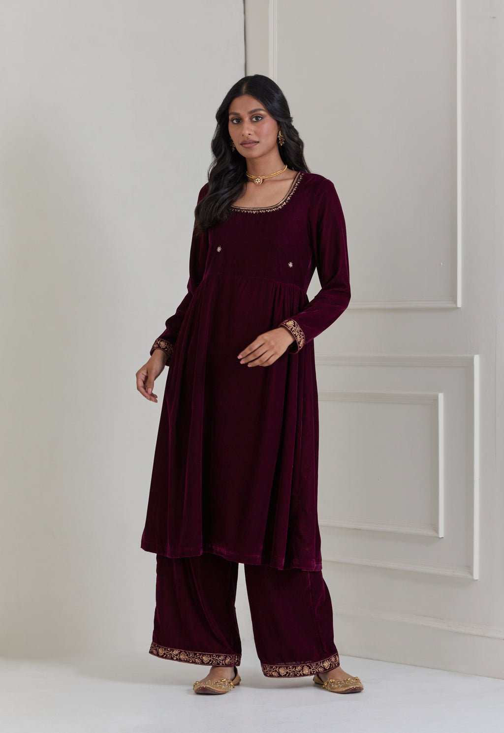 Burgundy Embroidered Velvet Anarkali Suit - Set of 3