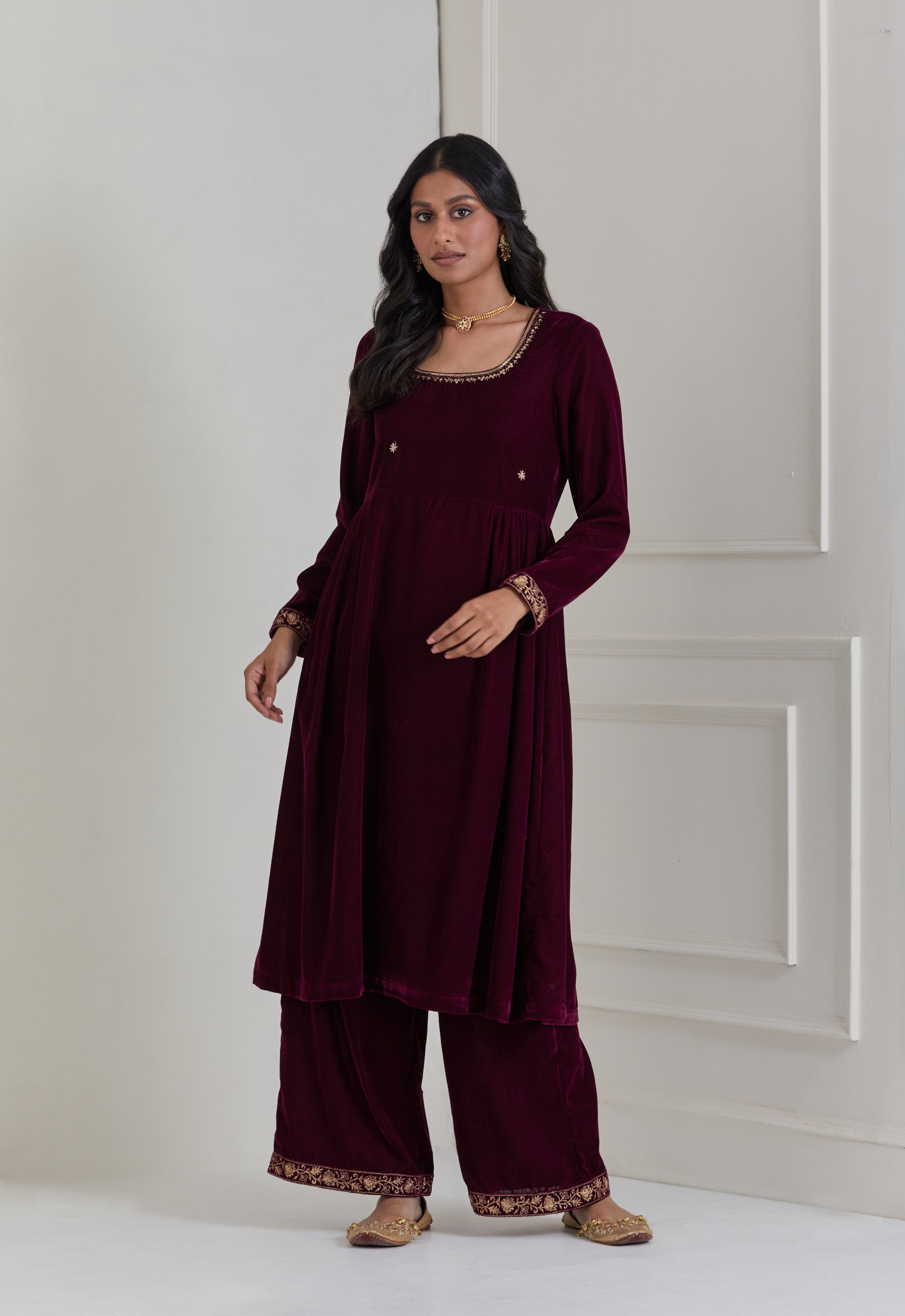 Burgundy Embroidered Velvet Anarkali Suit - Set of 3