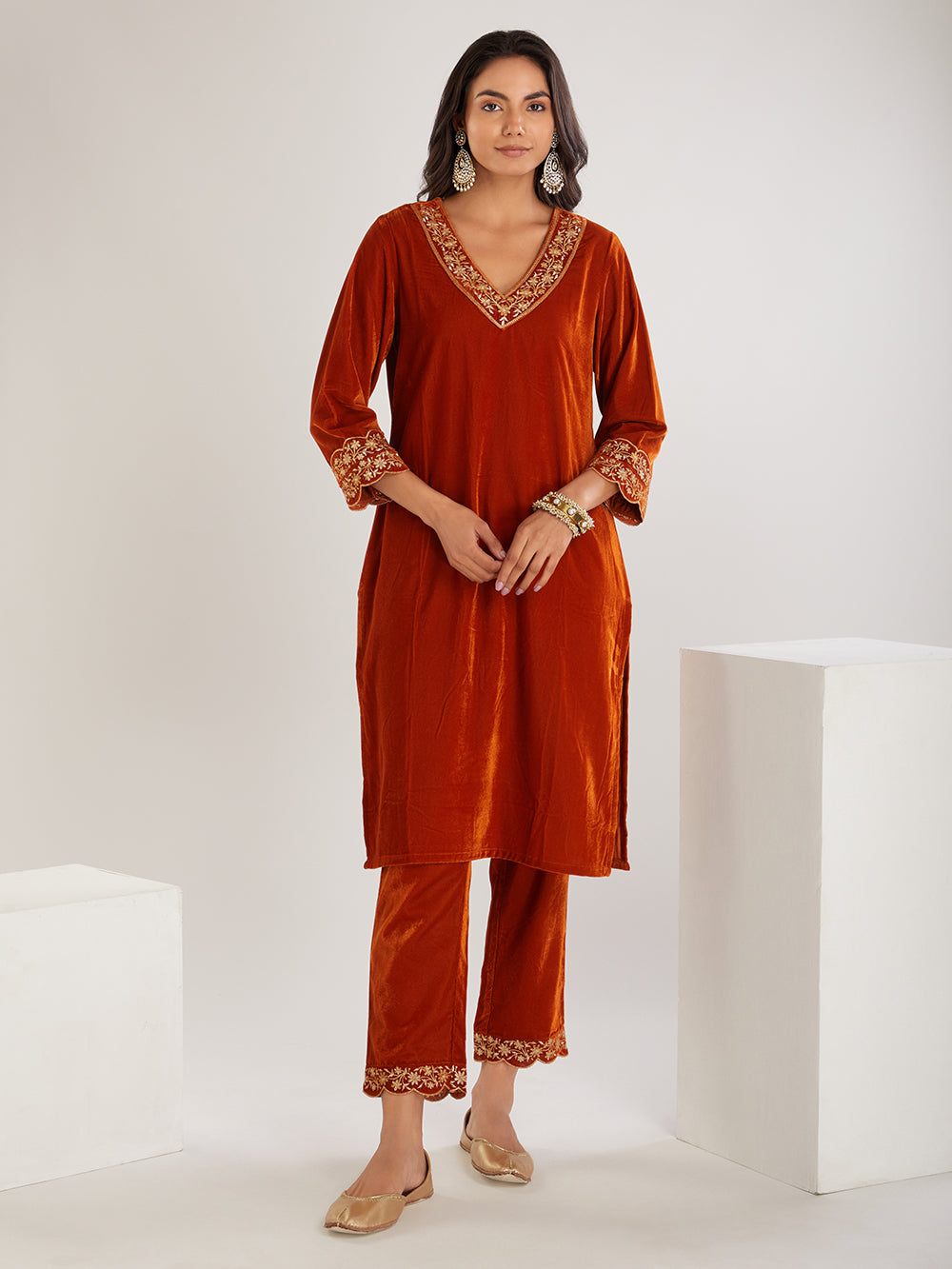 Rust Embroidered Velvet Suit- Set of 3