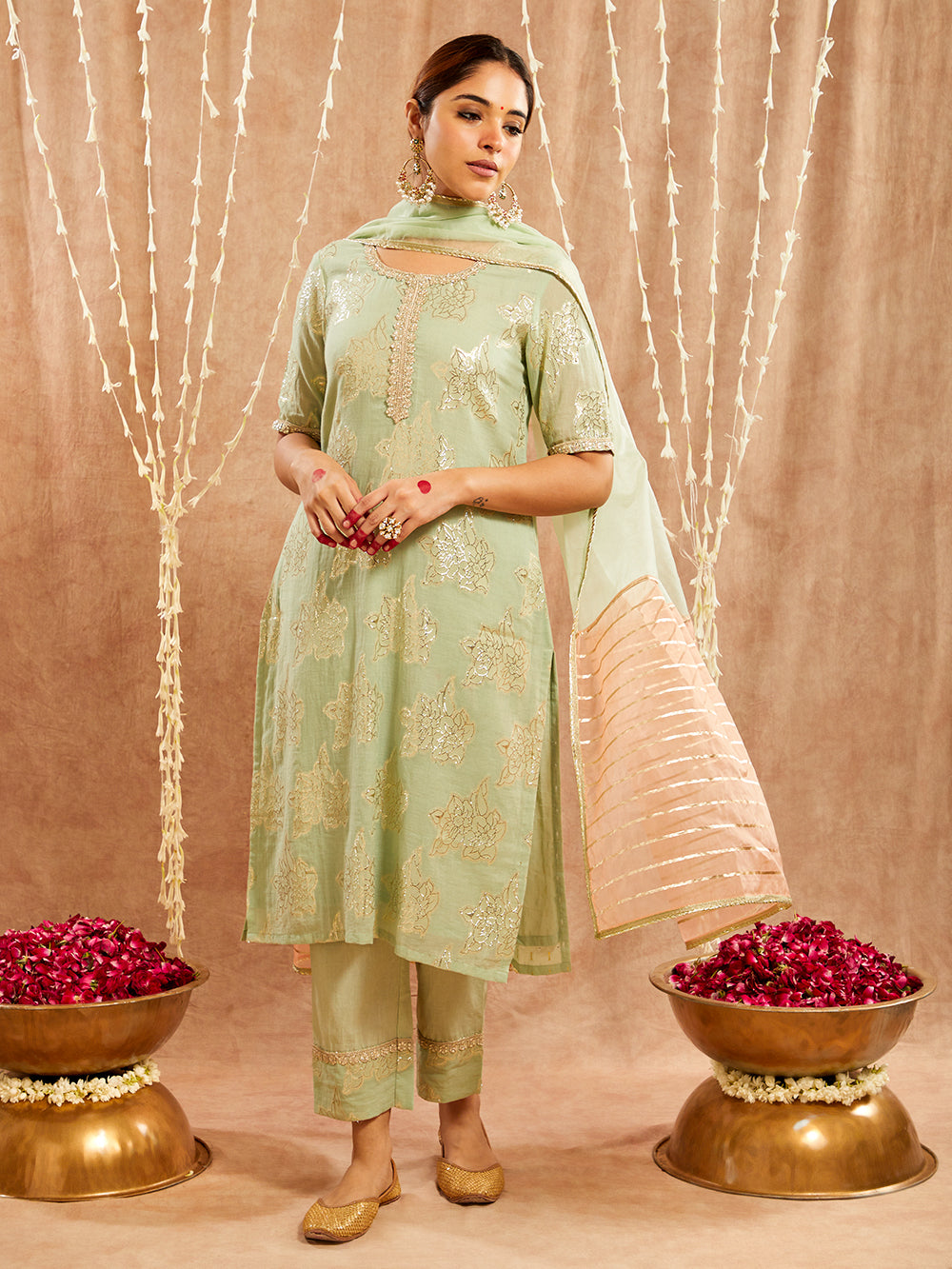 Green Lace work Cotton Lurex Suit - Set of 3