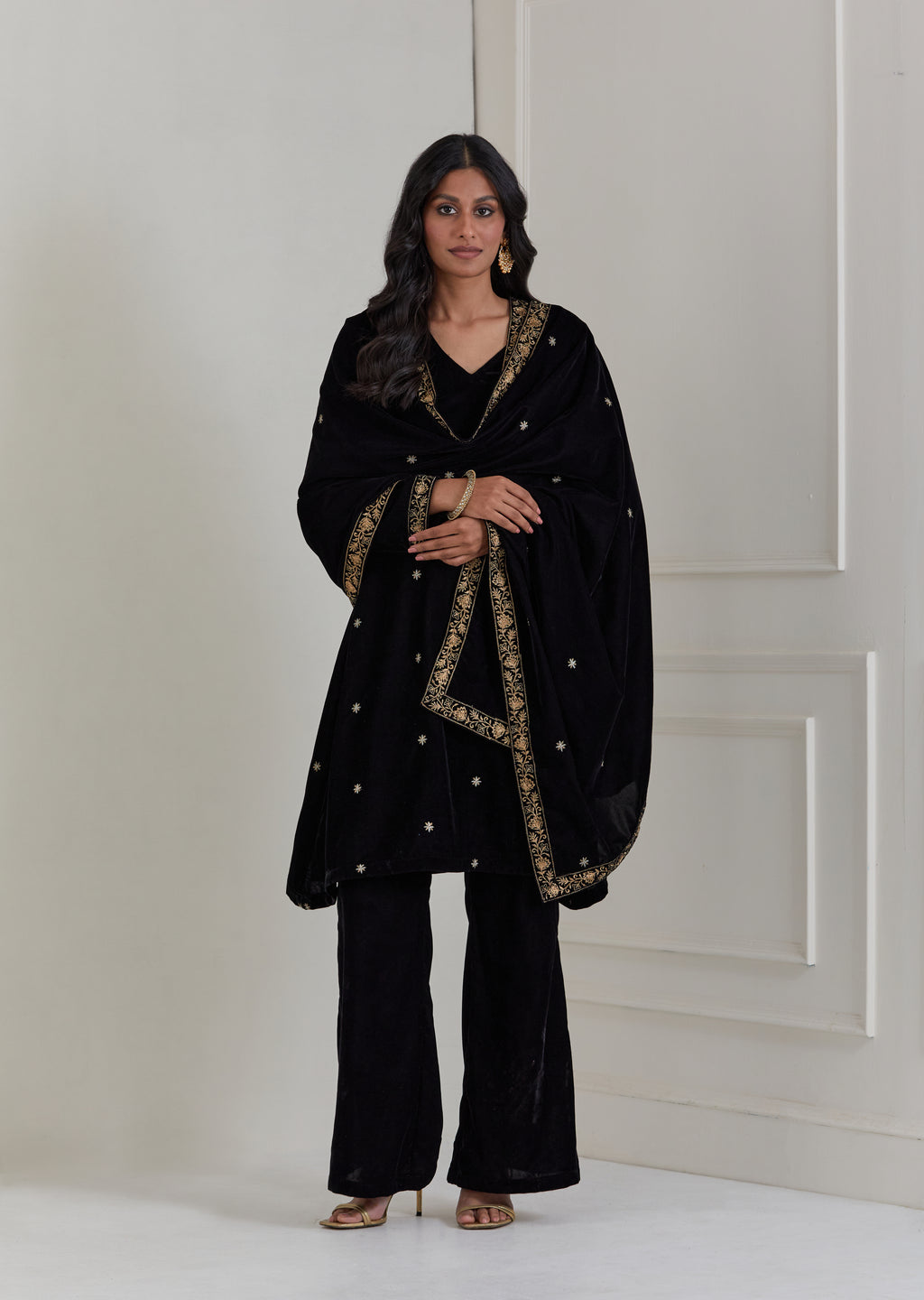 Black Embroidered Velvet A-Line Suit - Set of 3 (Copy)