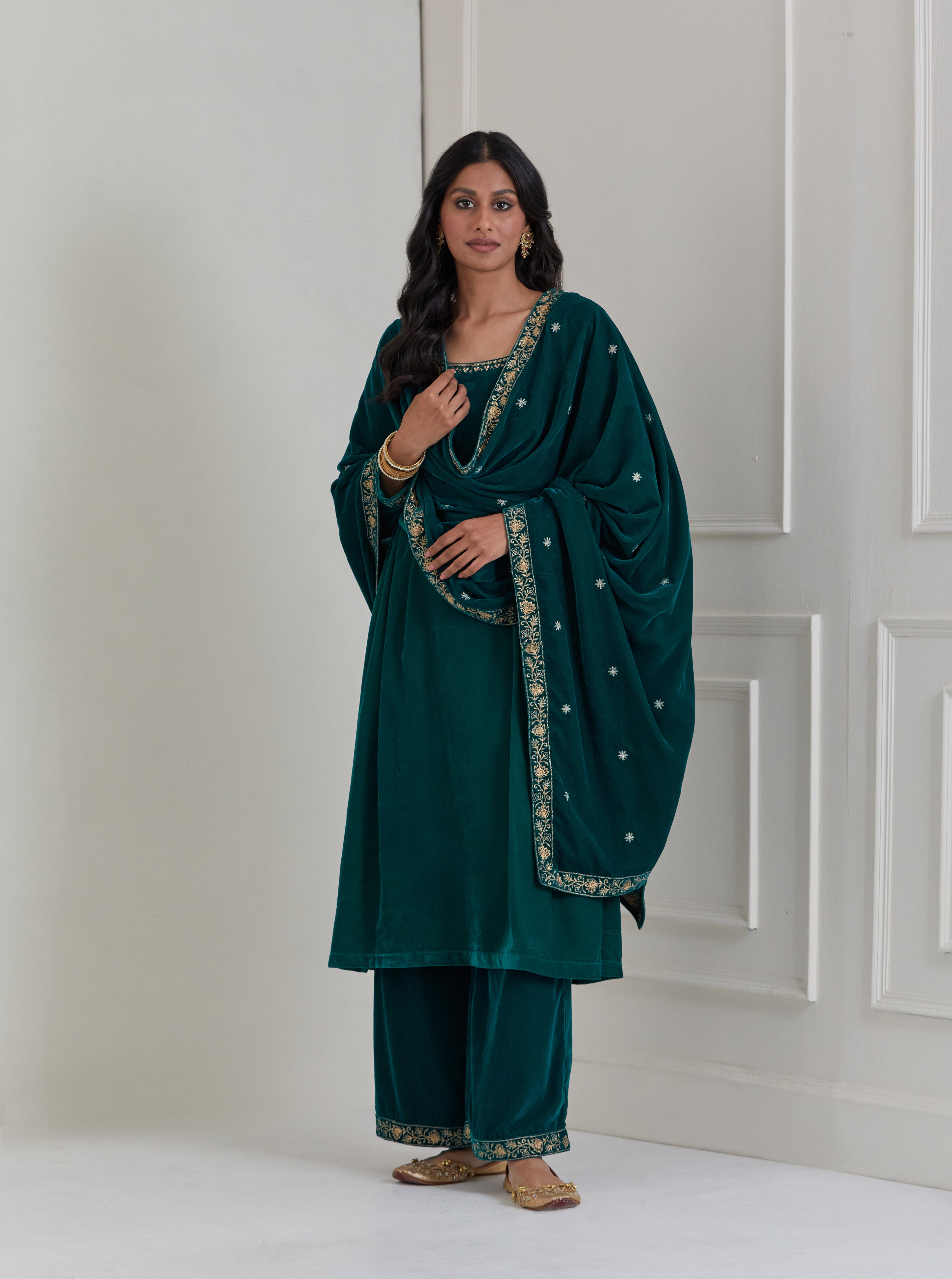 Green Embroidered Velvet Anarkali Suit - Set of 3
