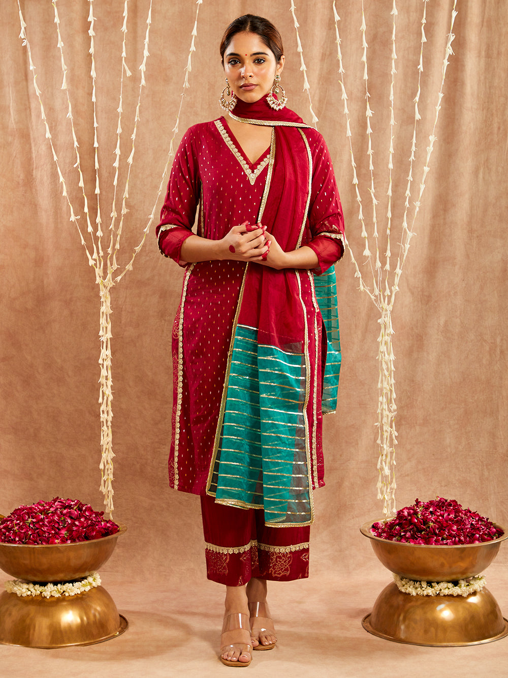 Maroon Lace work Cotton Lurex Suit - Set of 3