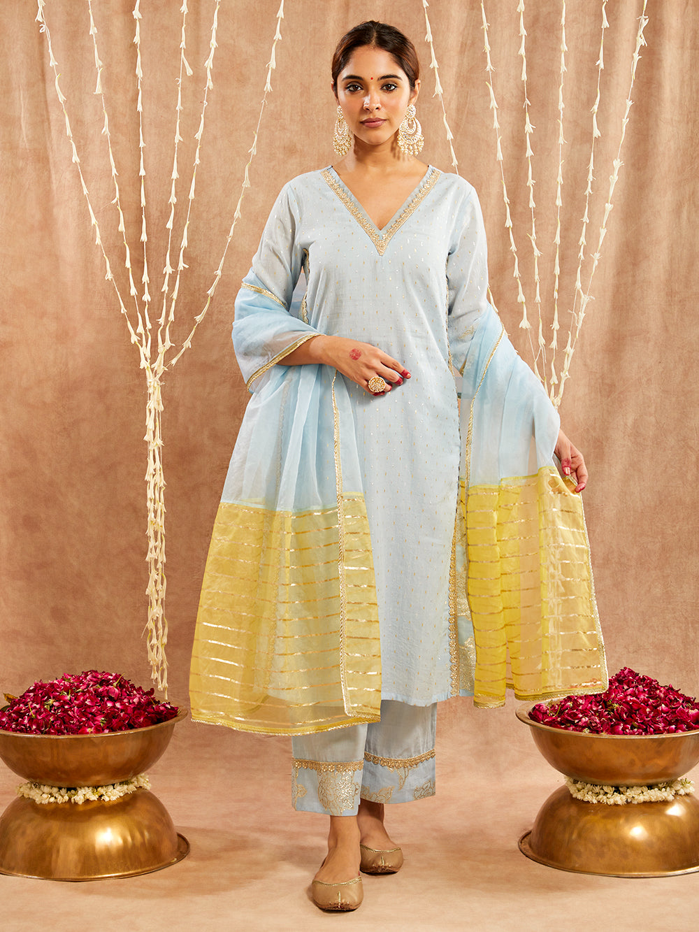 Blue Lace work Cotton Lurex Suit - Set of 3