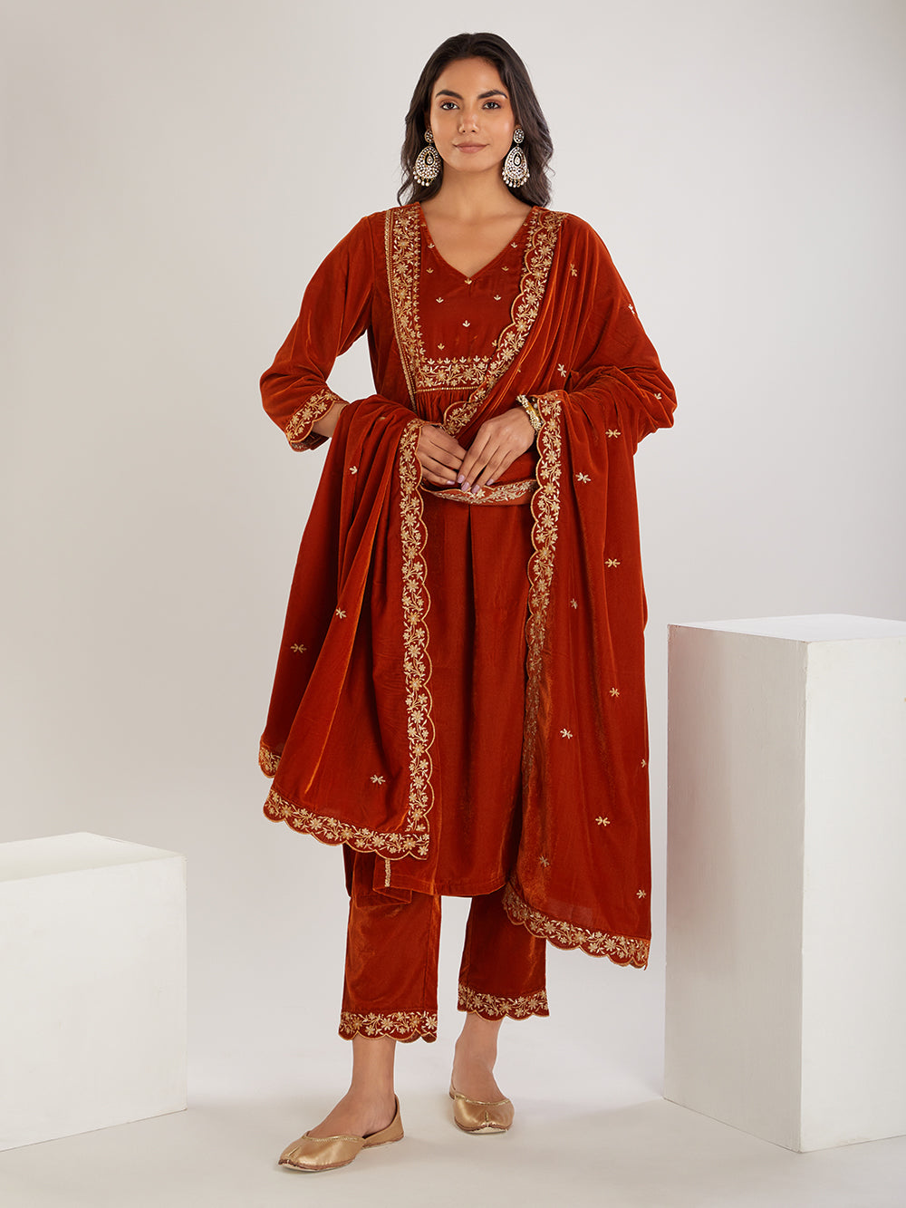 Rust Embroidered Velvet Suit- Set of 3