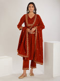 Rust Embroidered Velvet Suit- Set of 3