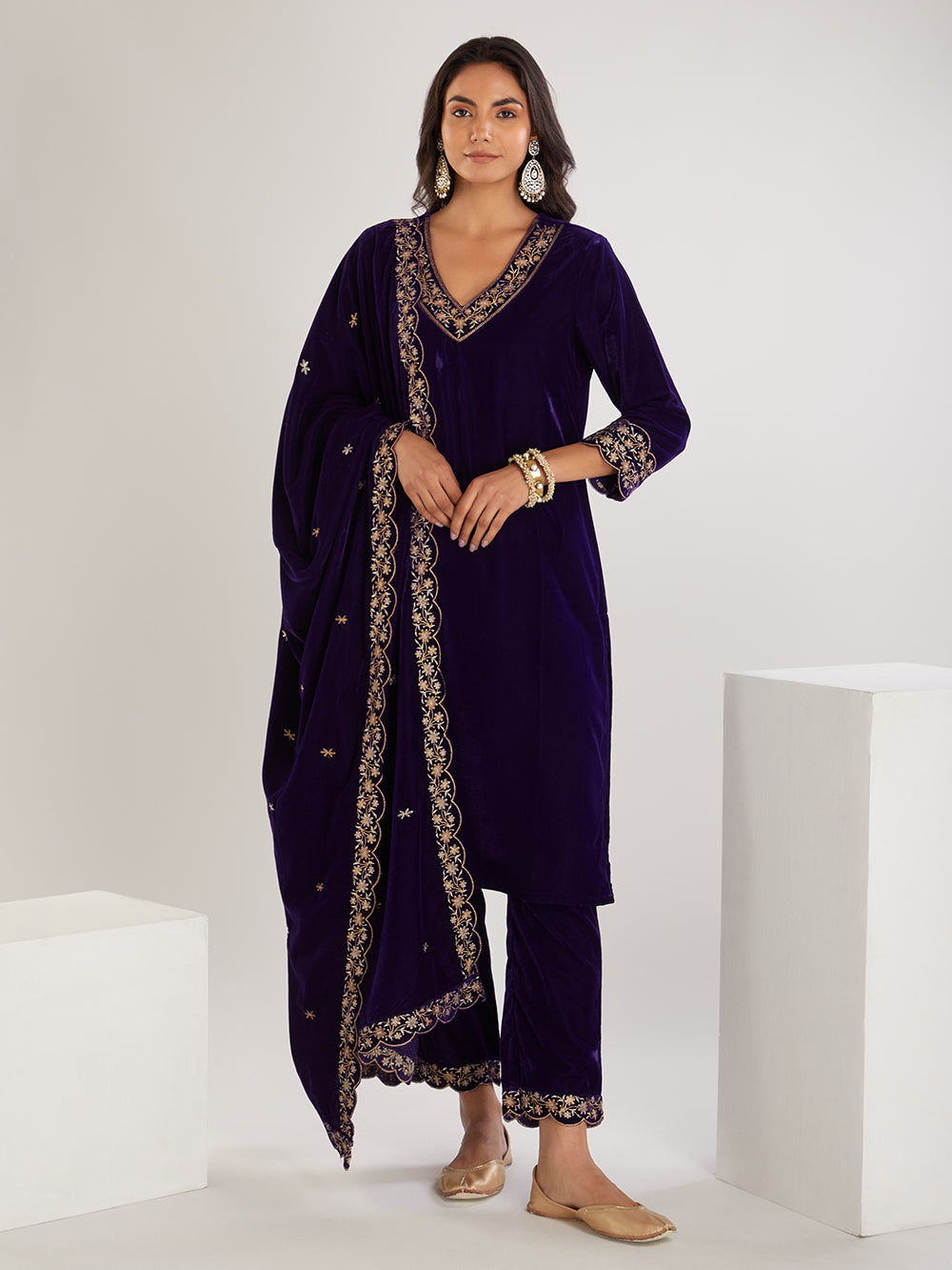 Purple Embroidered Velvet Suit- Set of  3