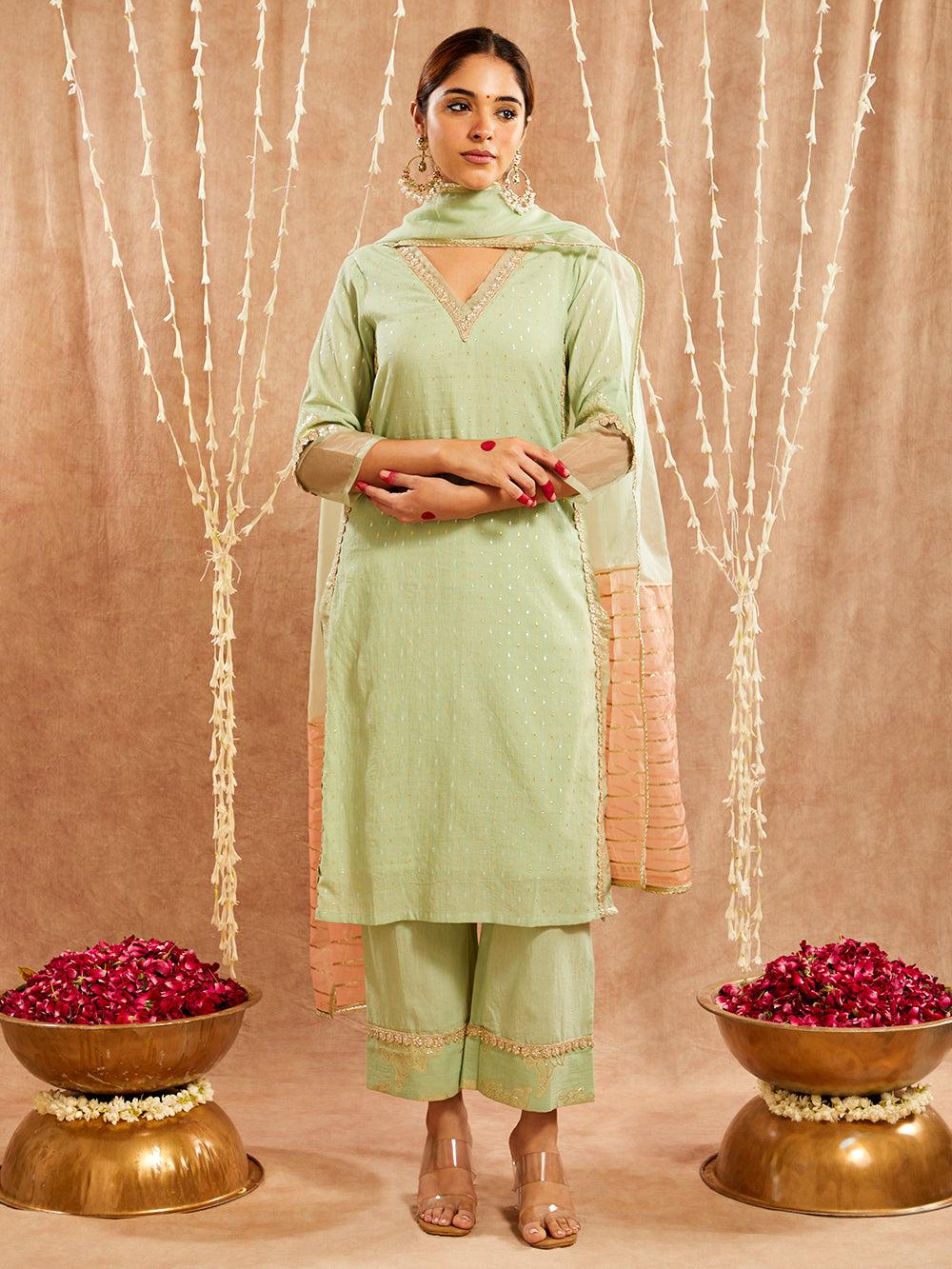 Green Lace work Cotton Lurex Suit - Set of 3