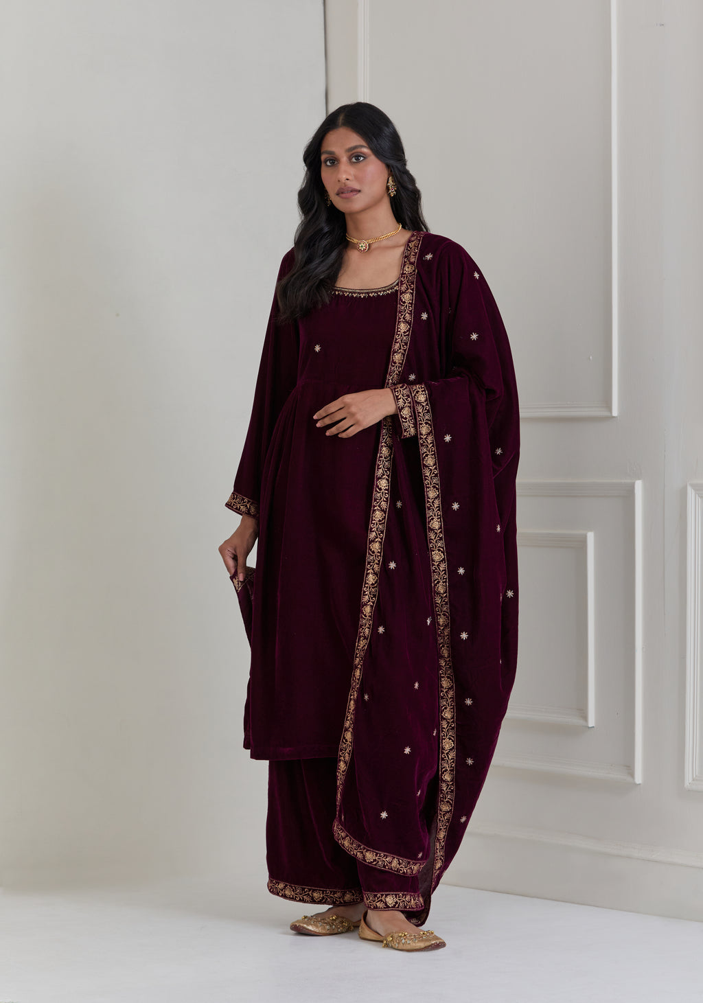 Burgundy Embroidered Velvet Anarkali Suit - Set of 3