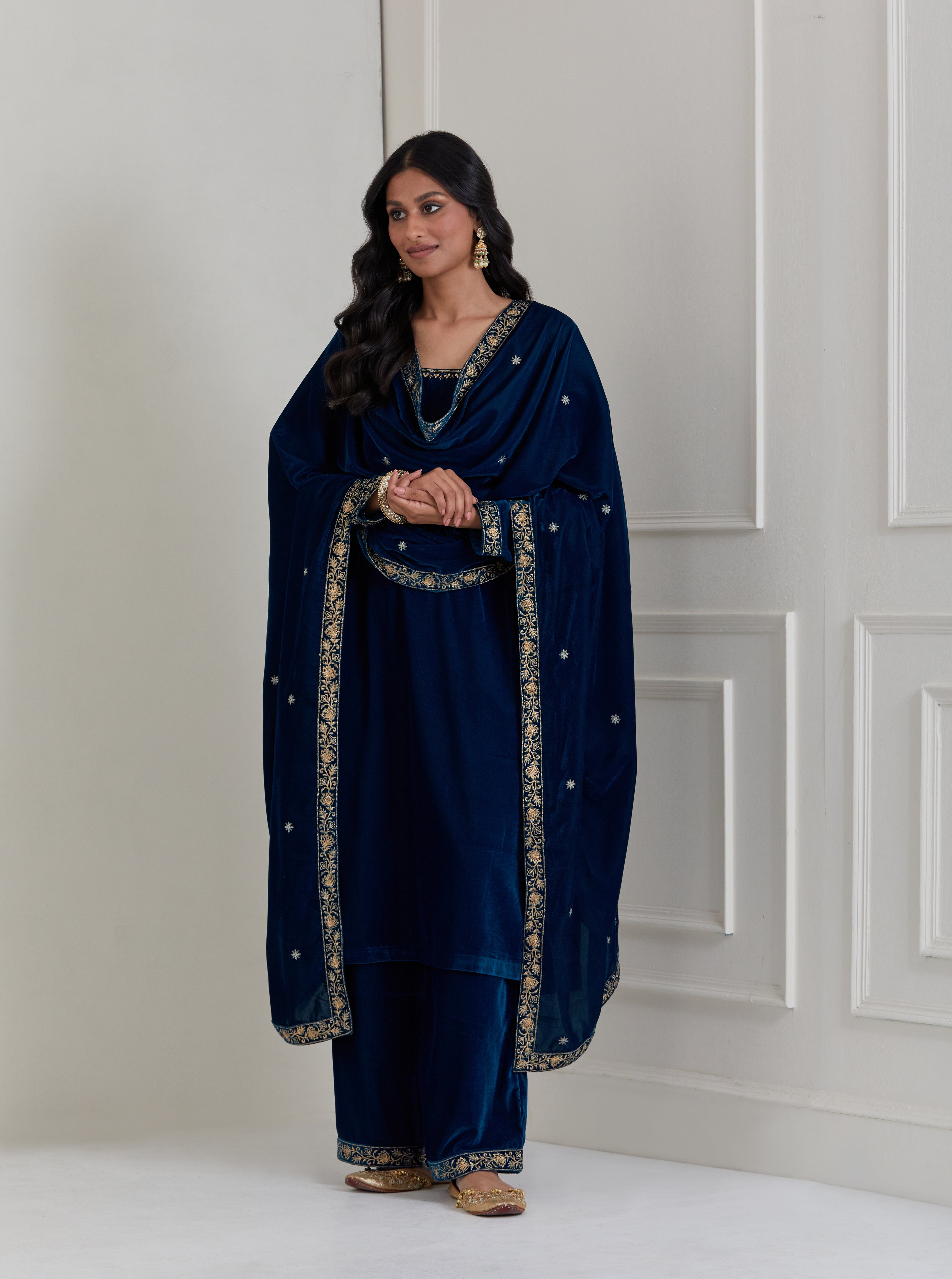 Blue Embroidered Velvet Anarkali Suit - Set of 3