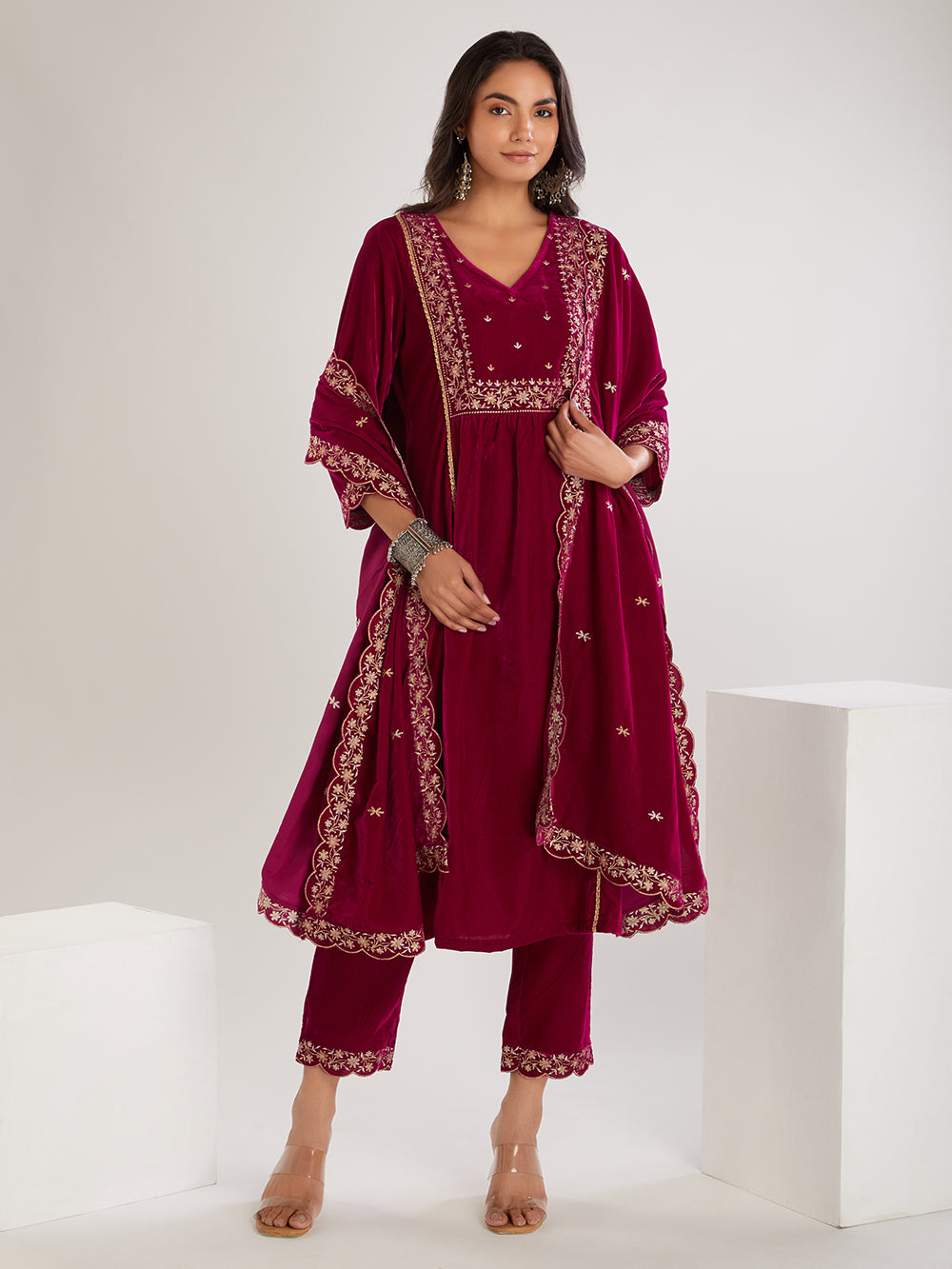 Fushica Embroidered Velvet Suit- Set of 3