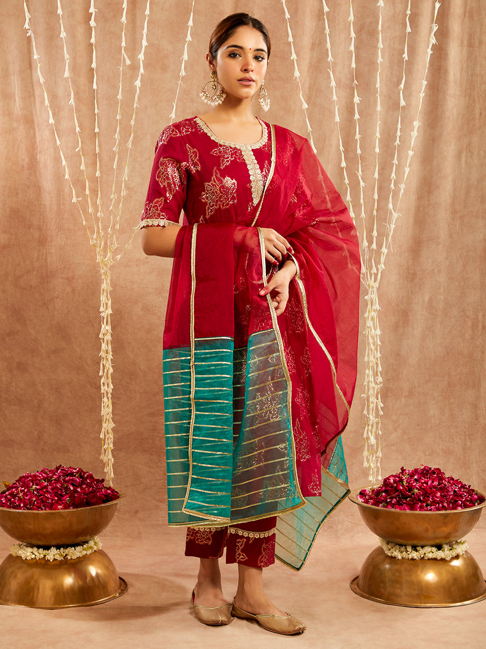 Maroon Lace work Cotton Lurex Suit - Set of 3