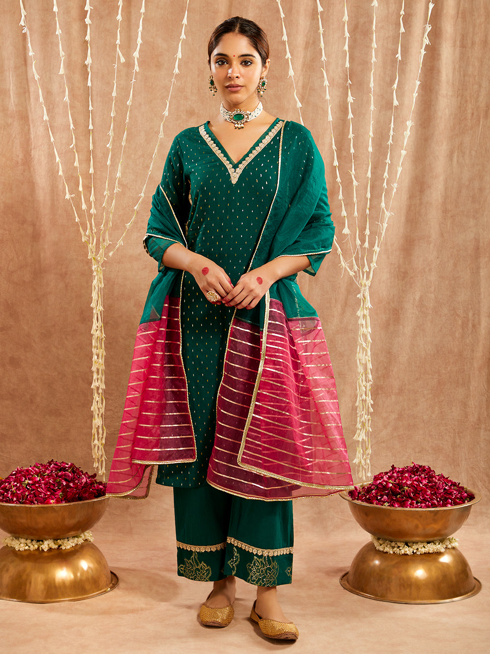 Dark Green Lace work Cotton Lurex Suit - Set of 3