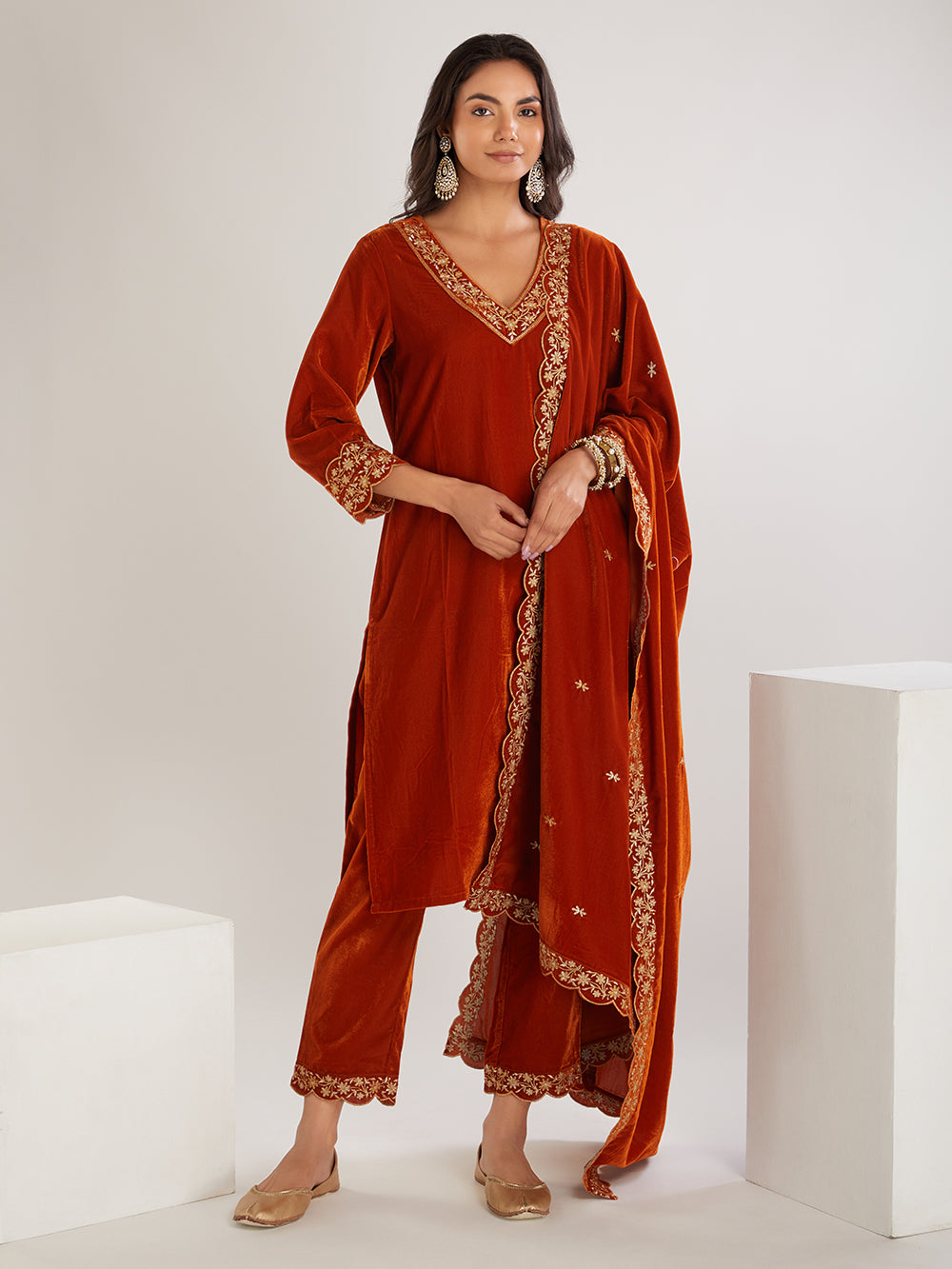 Rust Embroidered Velvet Suit- Set of 3
