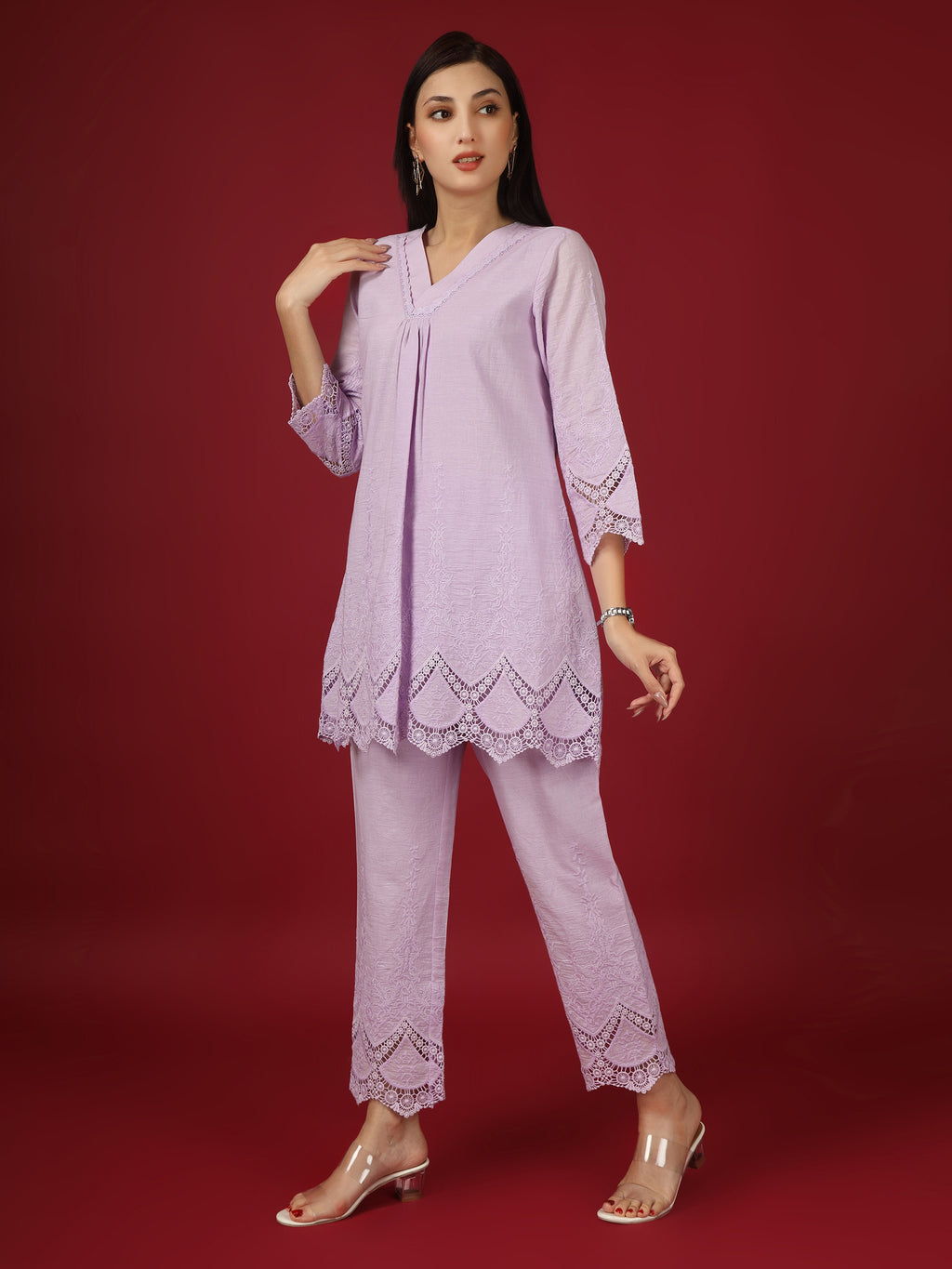 Lavender Embroidered Cotton Kurta with Pants- Set of 2