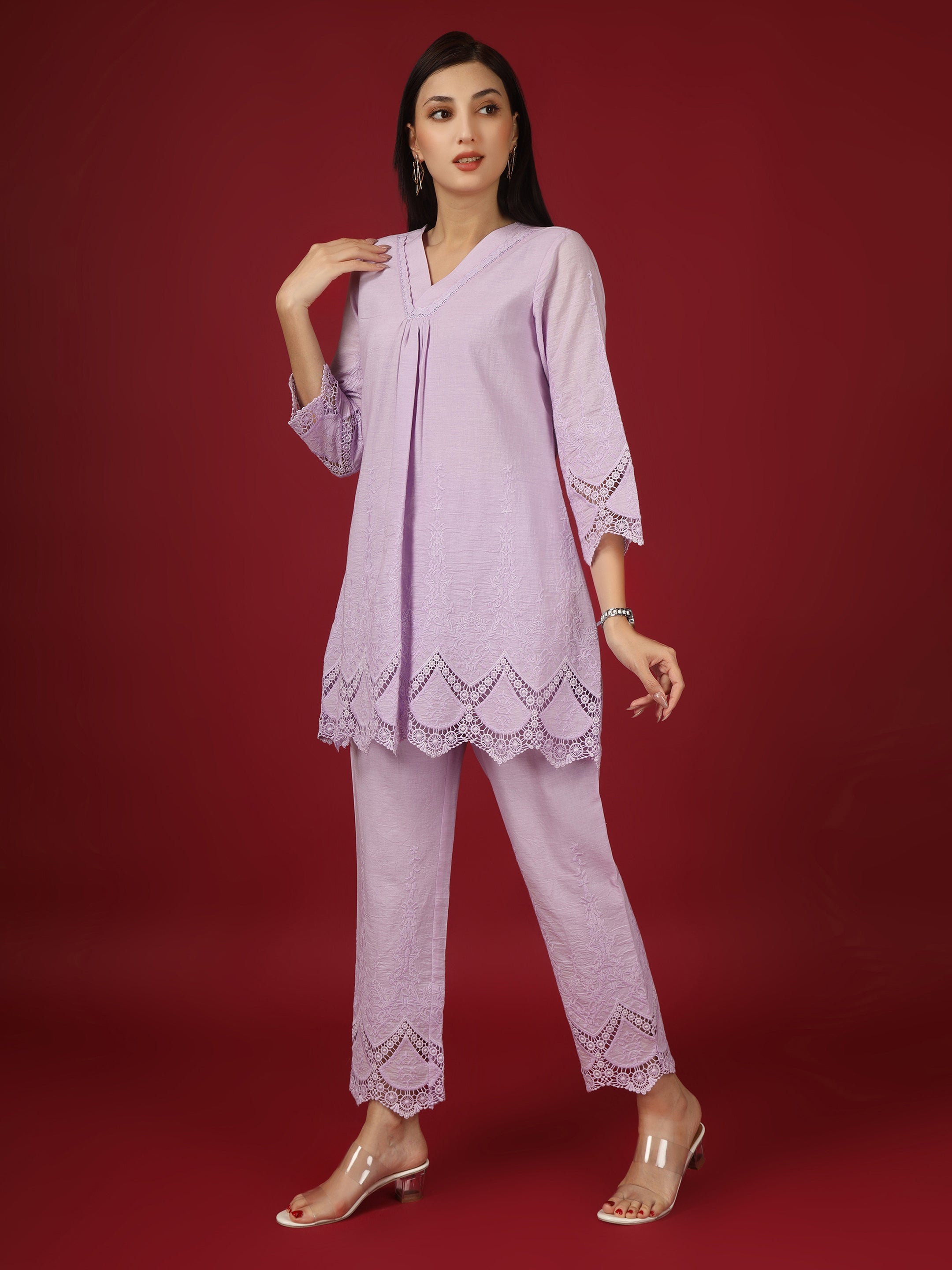 Lavender Embroidered Cotton Kurta with Pants- Set of 2