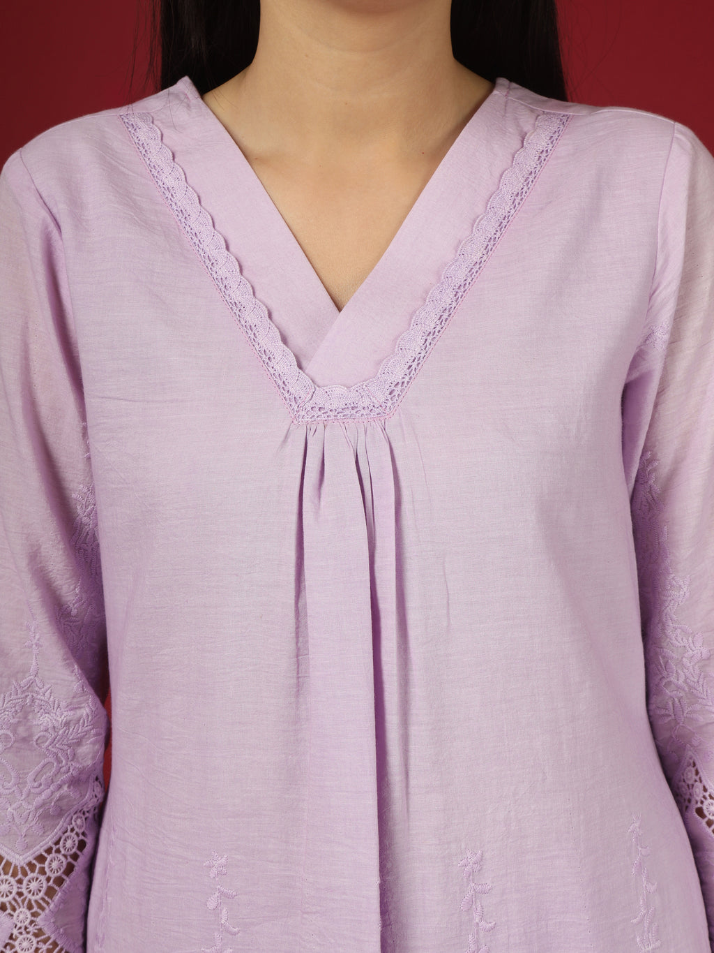 Lavender Embroidered Cotton Kurta with Pants- Set of 2