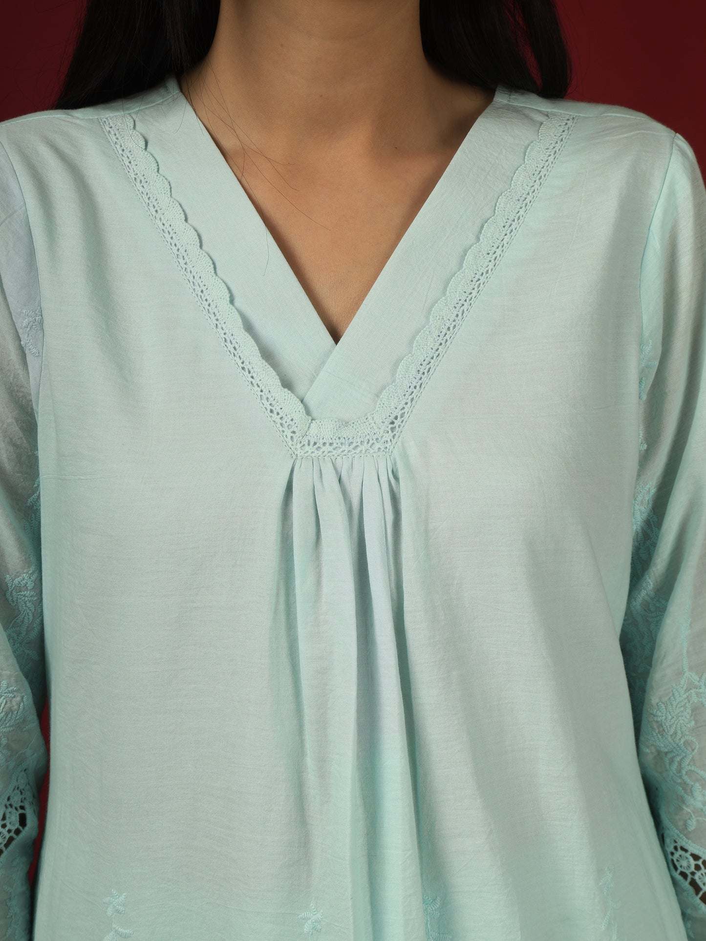 Blue Embroidered Cotton Kurta with Pants- Set of 2