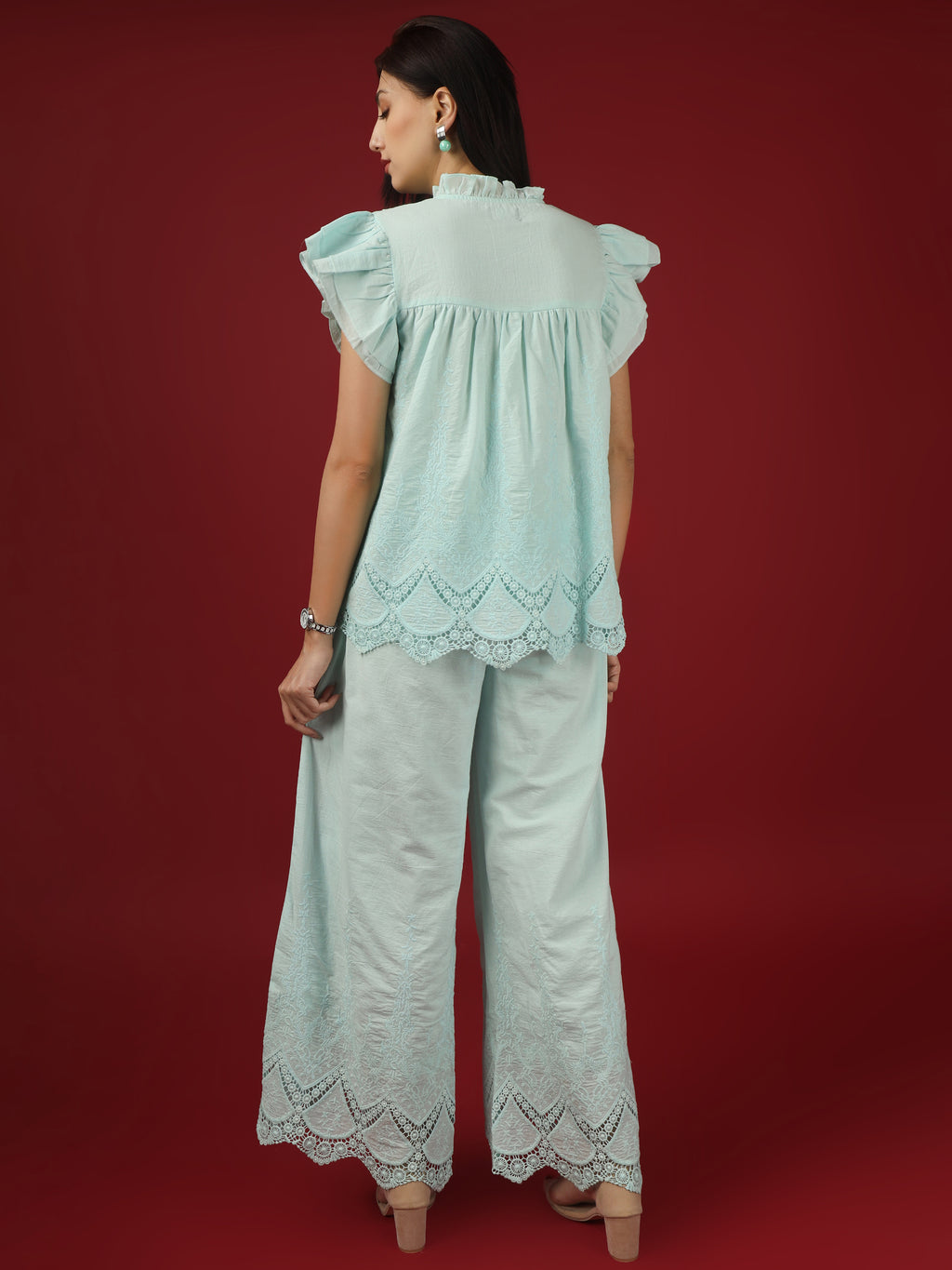 Blue Embroidered Pure Cotton Top with Palazzo - Set of 2