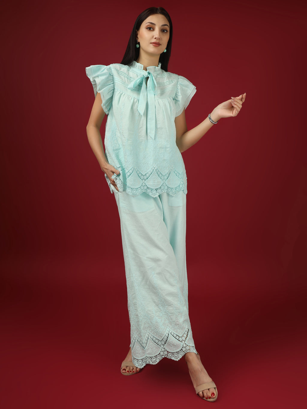 Blue Embroidered Pure Cotton Top with Palazzo - Set of 2