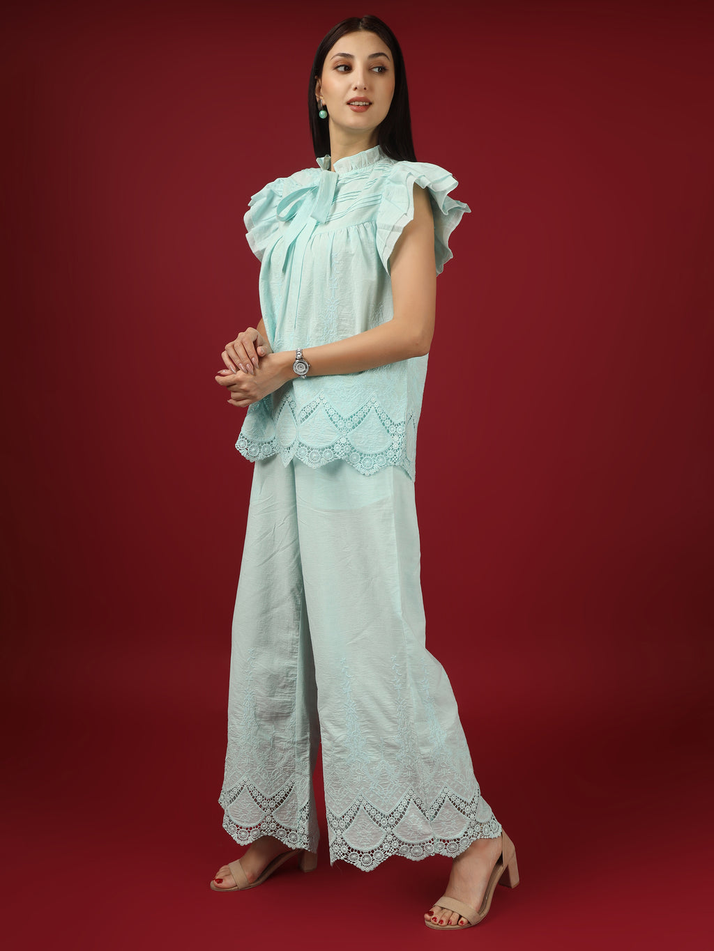 Blue Embroidered Pure Cotton Top with Palazzo - Set of 2