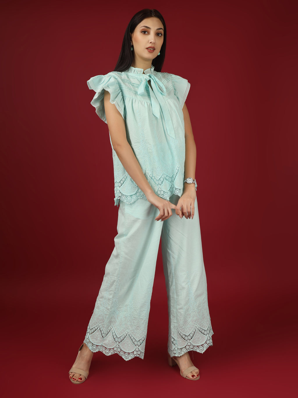 Blue Embroidered Pure Cotton Top with Palazzo - Set of 2