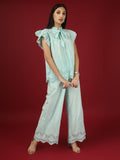 Blue Embroidered Pure Cotton Top with Palazzo - Set of 2