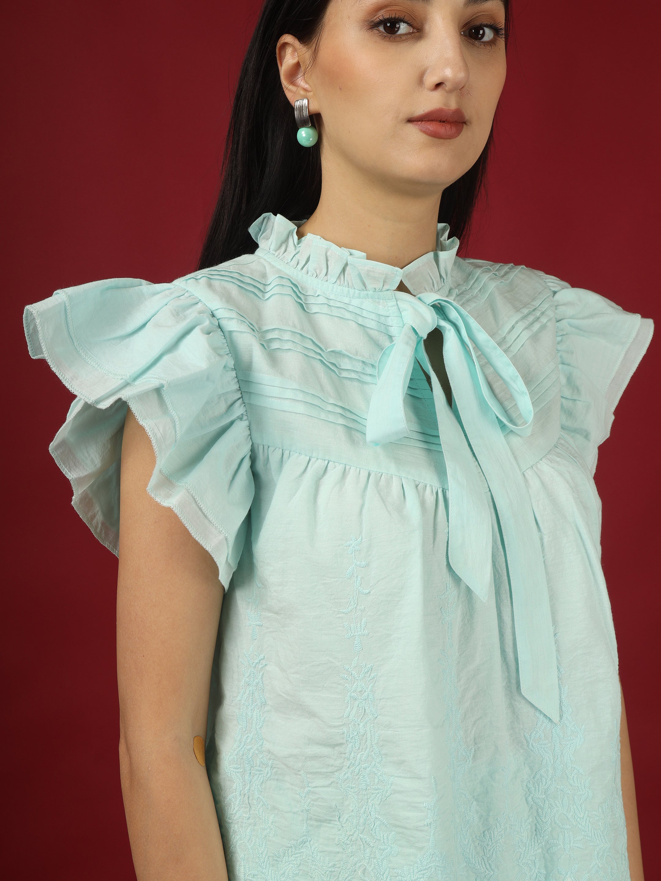 Blue Embroidered Pure Cotton Top with Palazzo - Set of 2