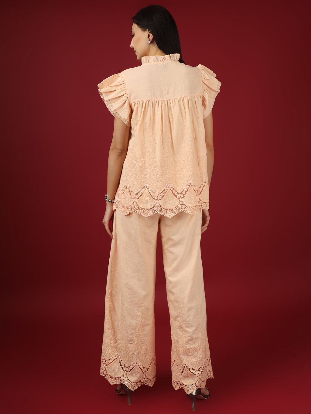 Peach Embroidered Cotton Top with Palazzo - Set of 2