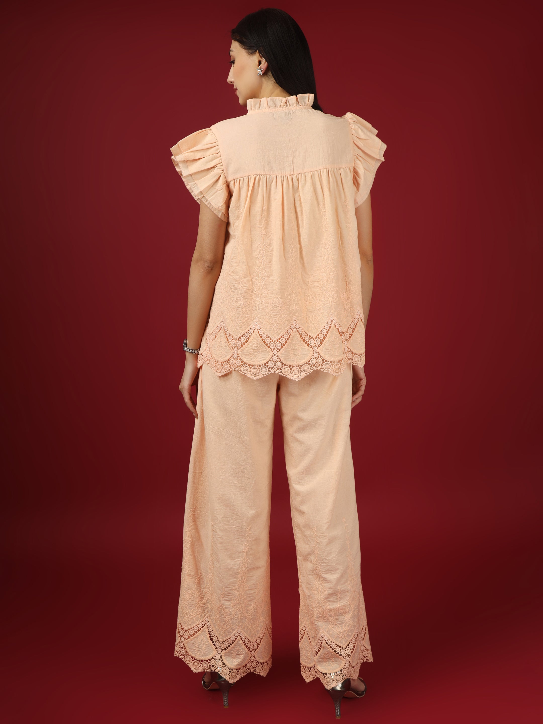 Peach Embroidered Cotton Top with Palazzo - Set of 2