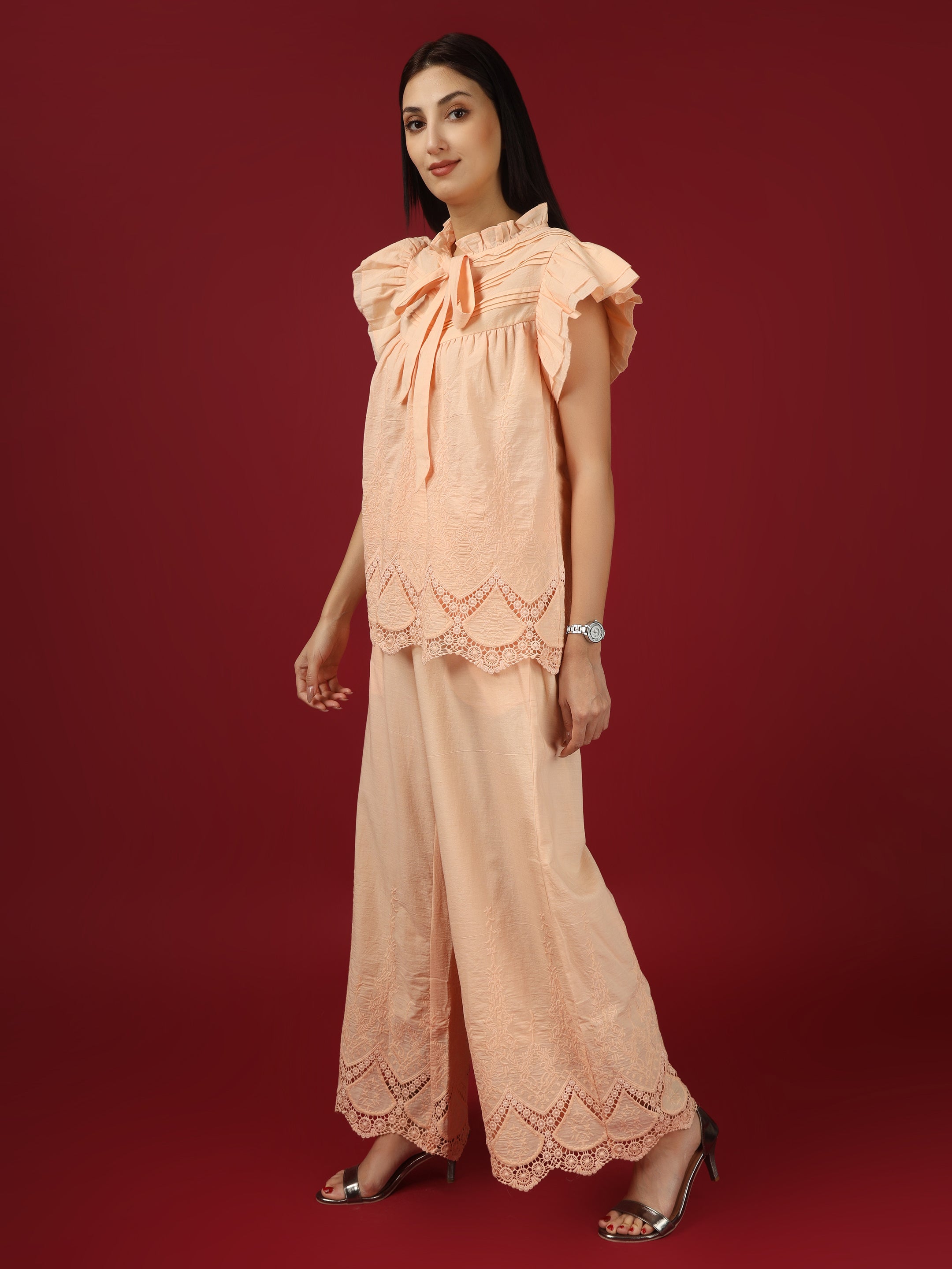Peach Embroidered Cotton Top with Palazzo - Set of 2