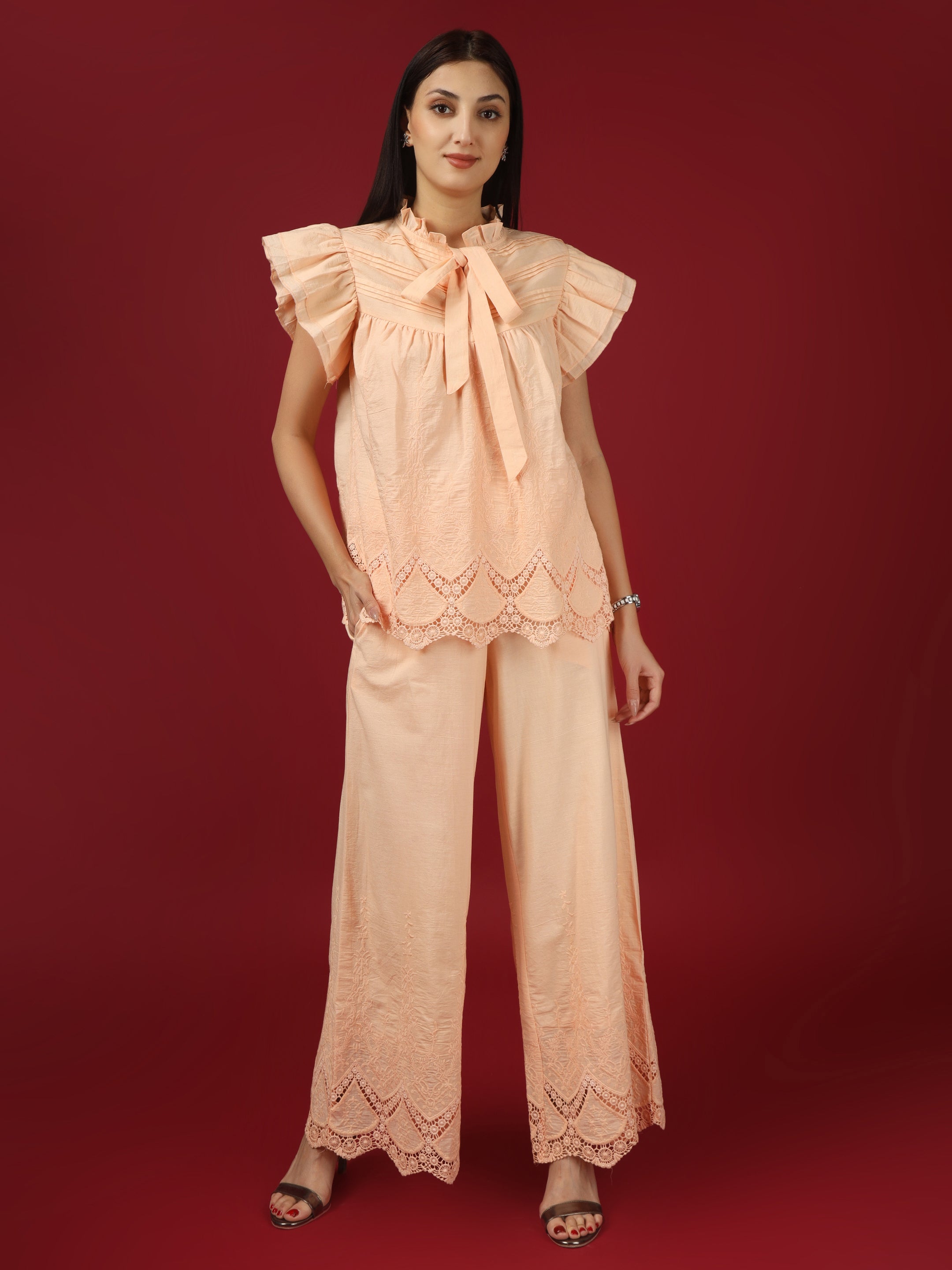 Peach Embroidered Cotton Top with Palazzo - Set of 2