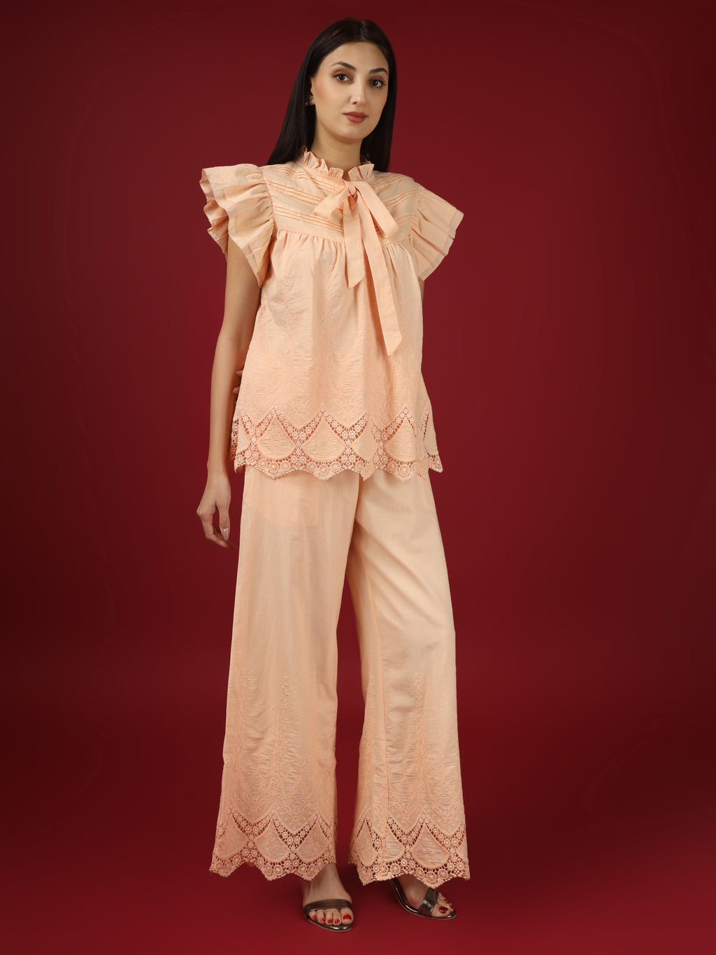 Peach Embroidered Cotton Top with Palazzo - Set of 2