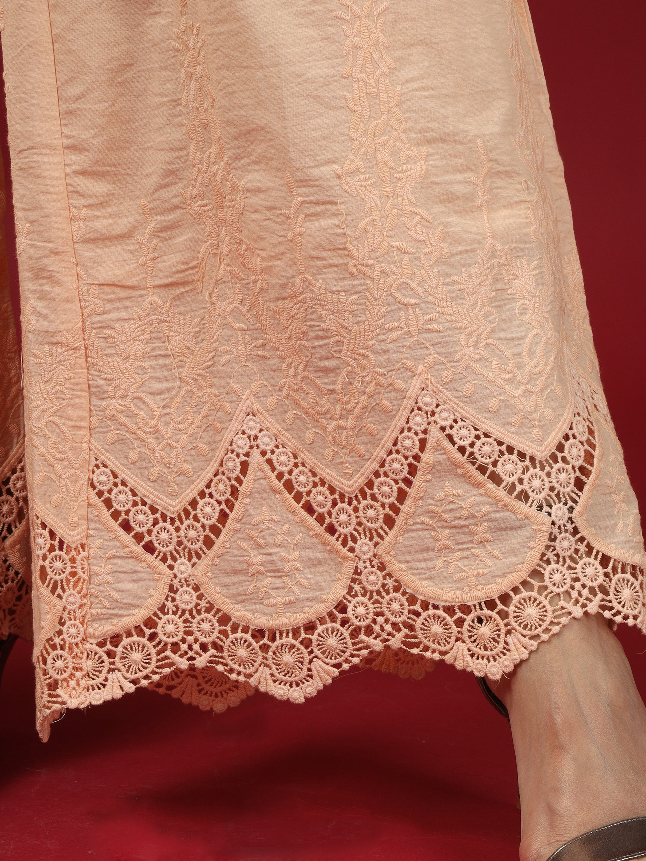 Peach Embroidered Cotton Top with Palazzo - Set of 2