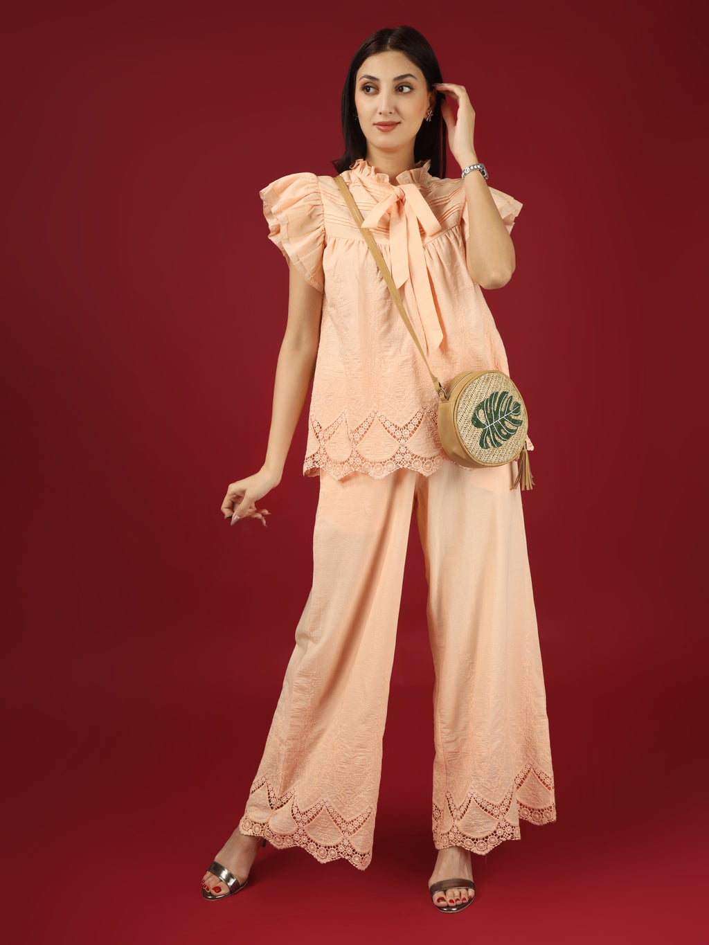 Peach Embroidered Cotton Top with Palazzo - Set of 2