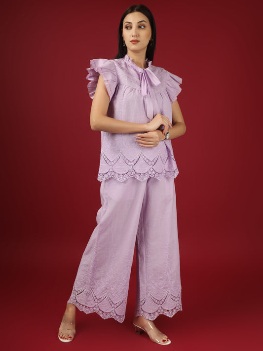 Lavender Embroidered Cotton Top with Palazzo - Set of 2