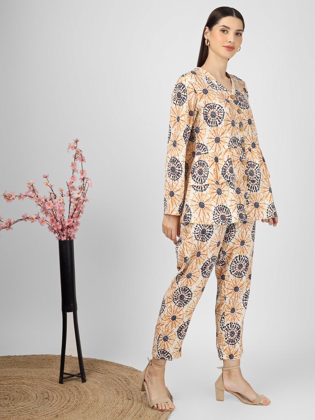 Printed Cotton Peach Color Co-Ord Top and Pant