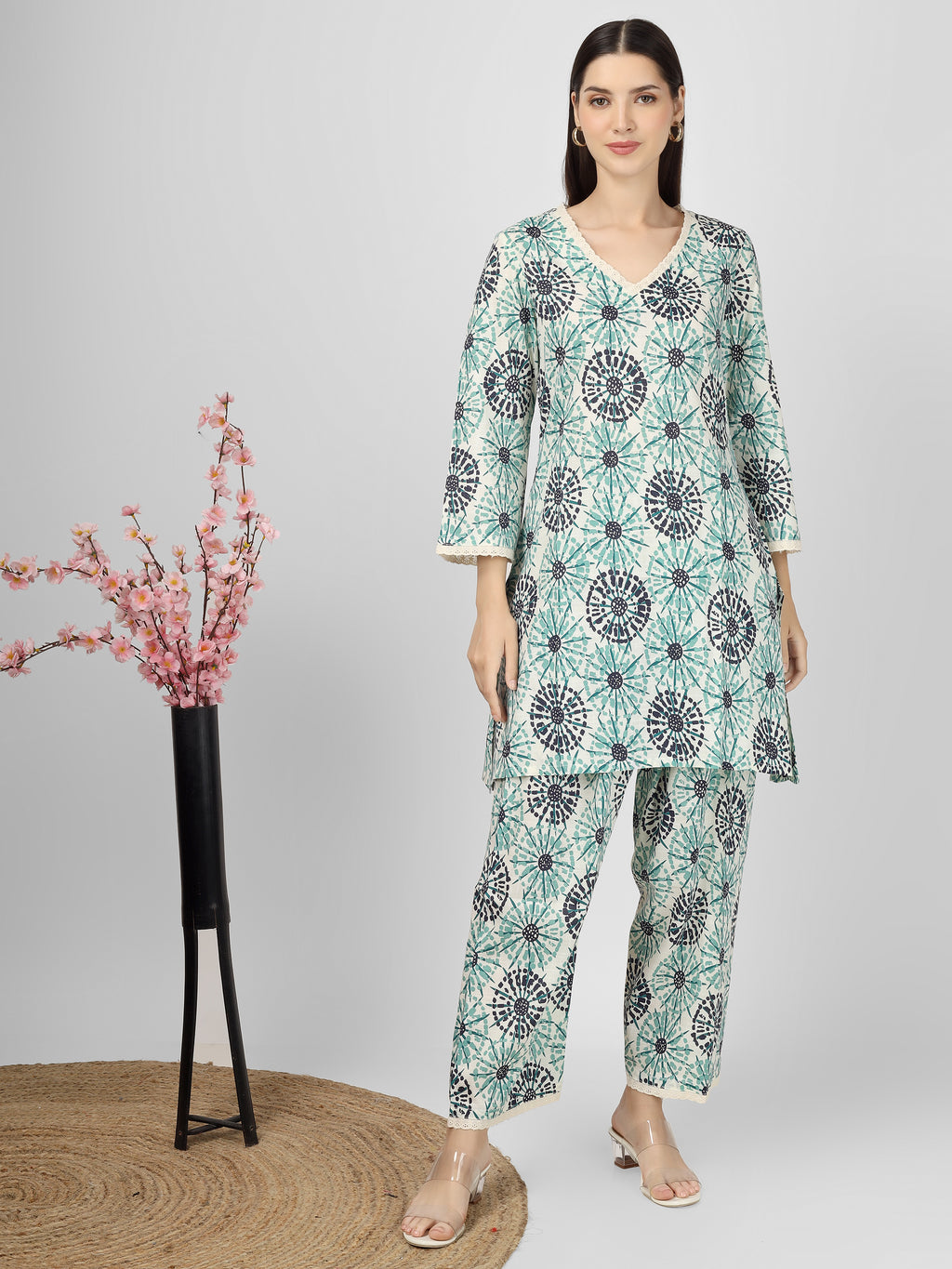 Printed Cotton Blue &Green Co-ord Set Kurta and Salwar