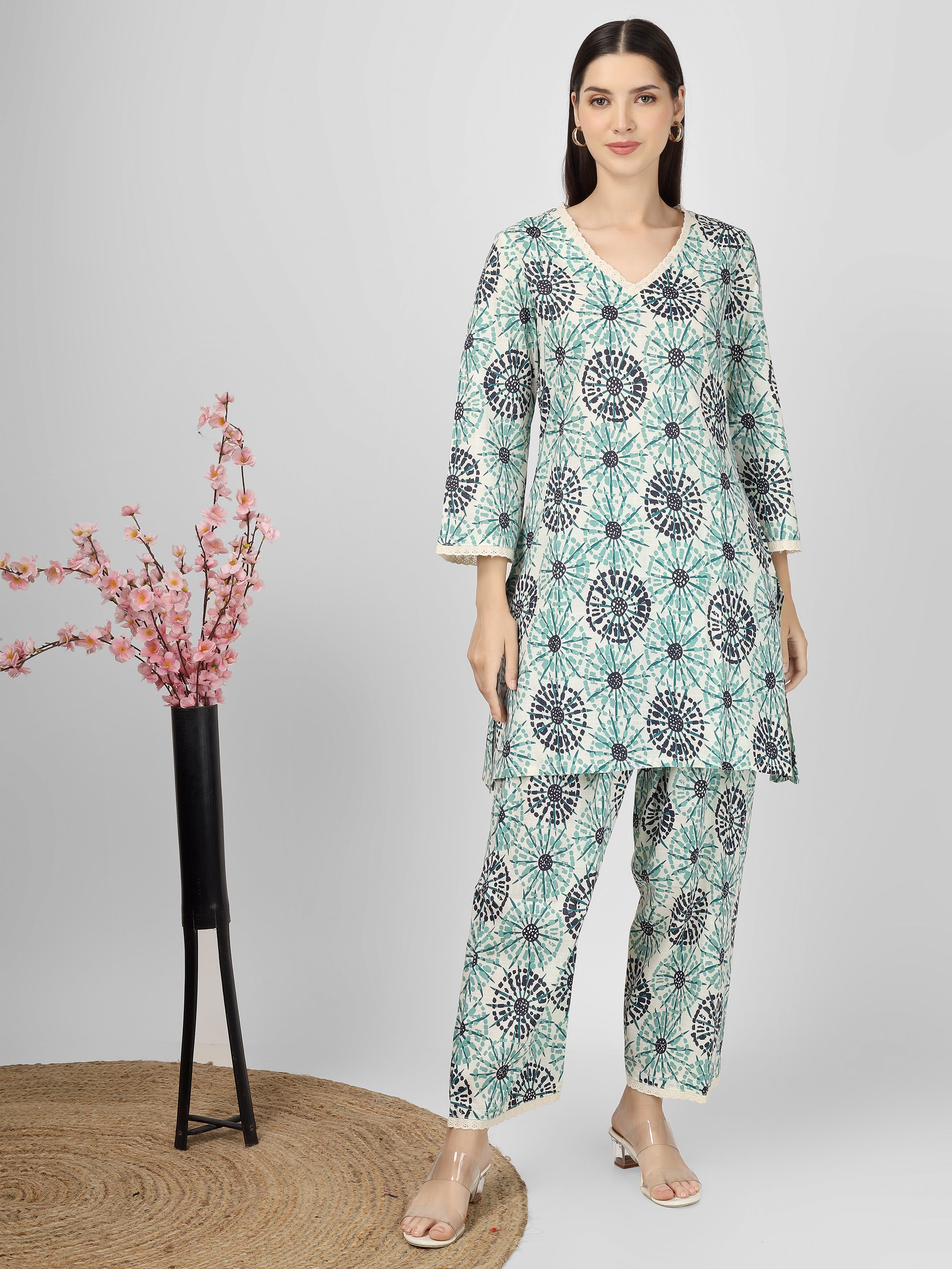 Printed Cotton Blue &Green Co-ord Set Kurta and Salwar