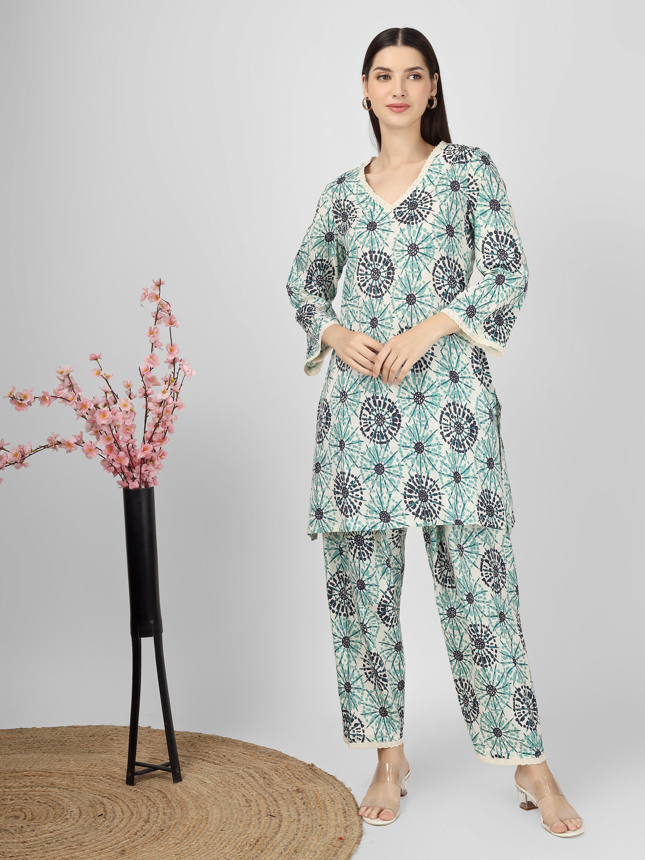 Printed Cotton Blue &Green Co-ord Set Kurta and Salwar