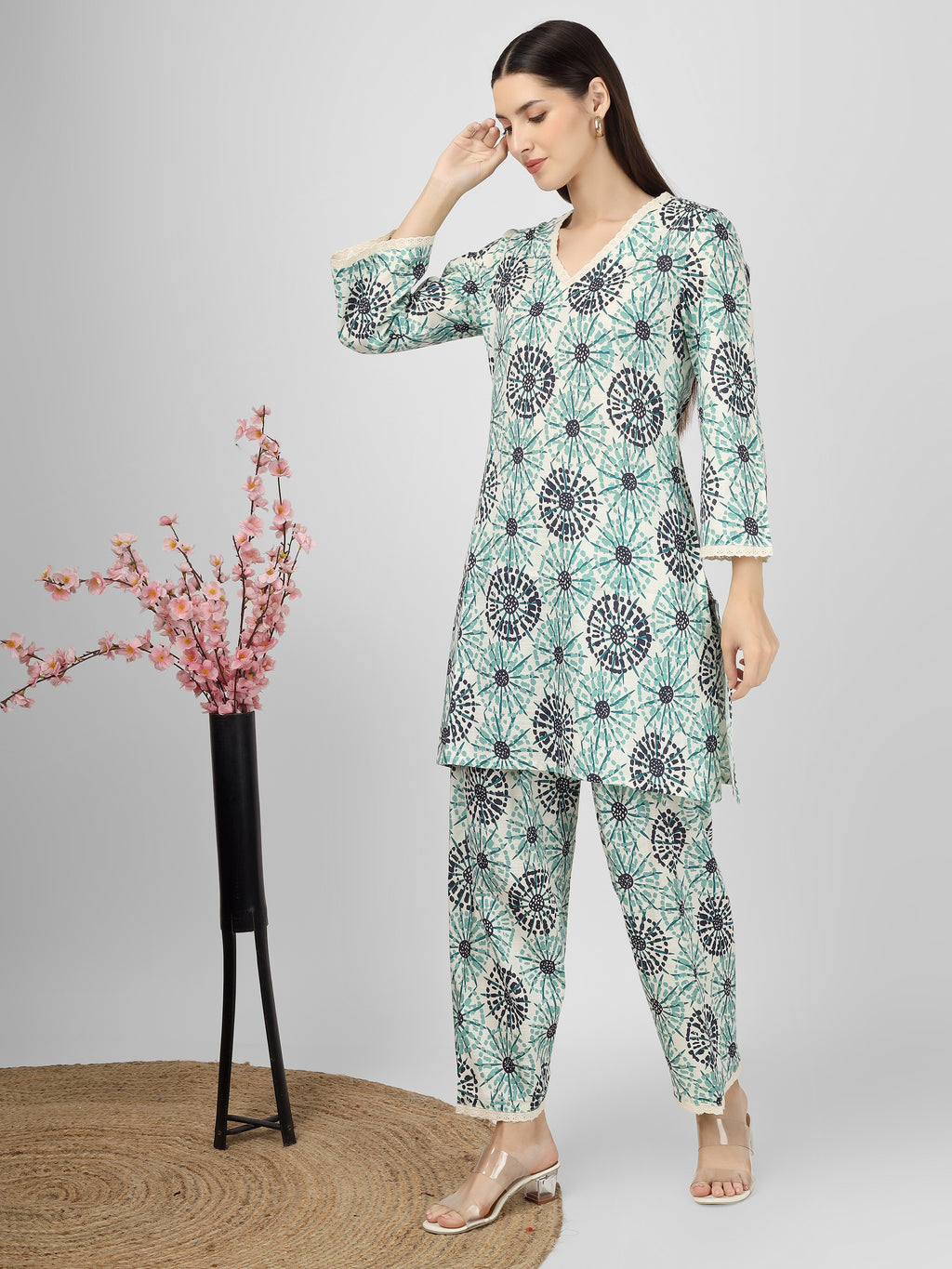 Printed Cotton Blue &Green Co-ord Set Kurta and Salwar