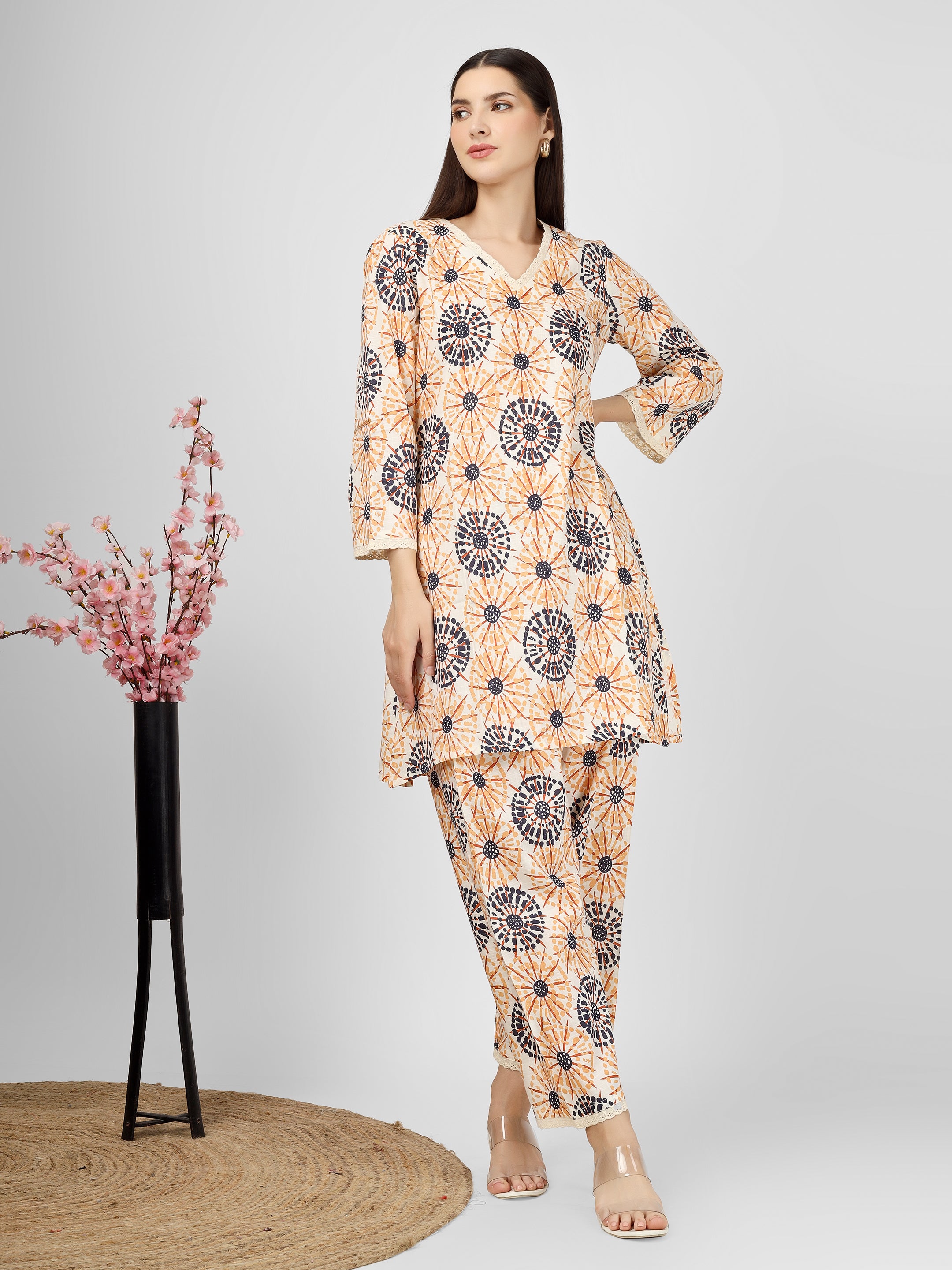 Printed Cotton Peach Co-Ord Kurta and Salwar