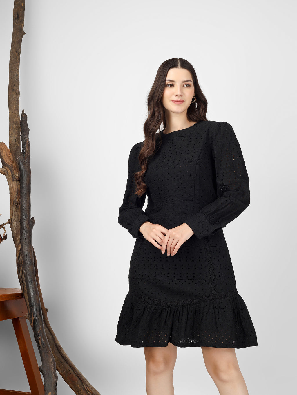 Black Embroidered Cotton Schiffli Dress